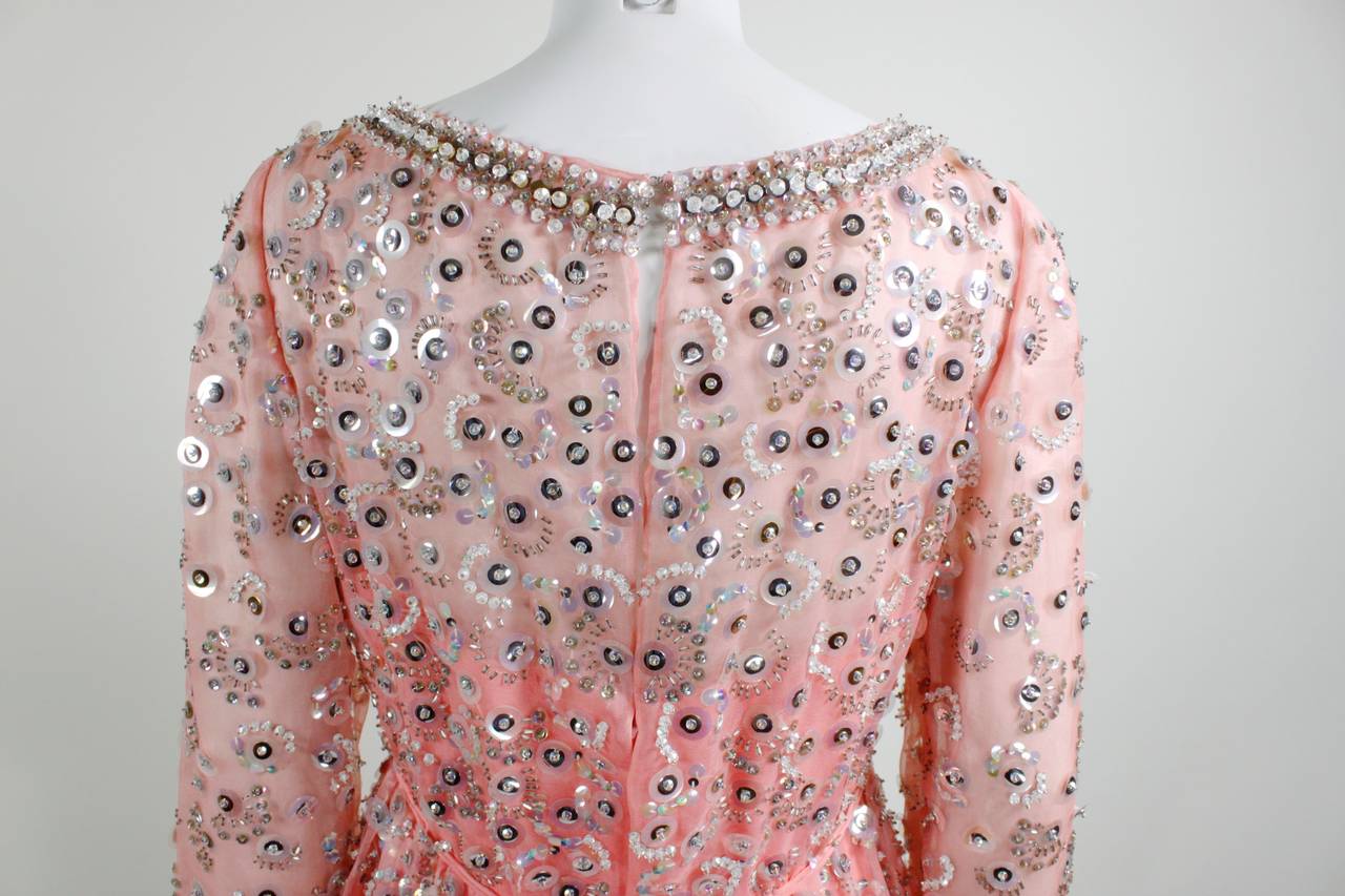 1960s Pink Iridescent Sequined Evening Gown For Sale 5