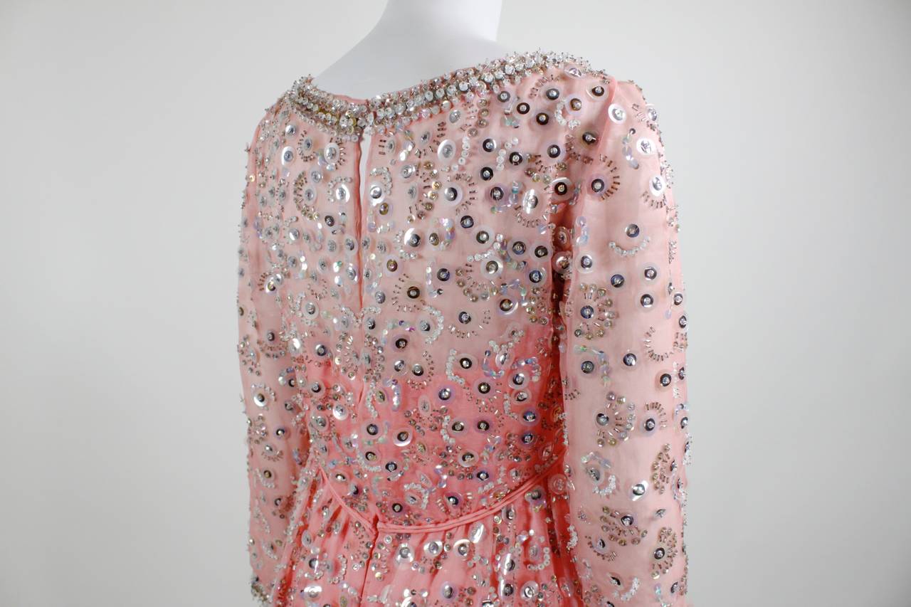 1960s Pink Iridescent Sequined Evening Gown For Sale 6