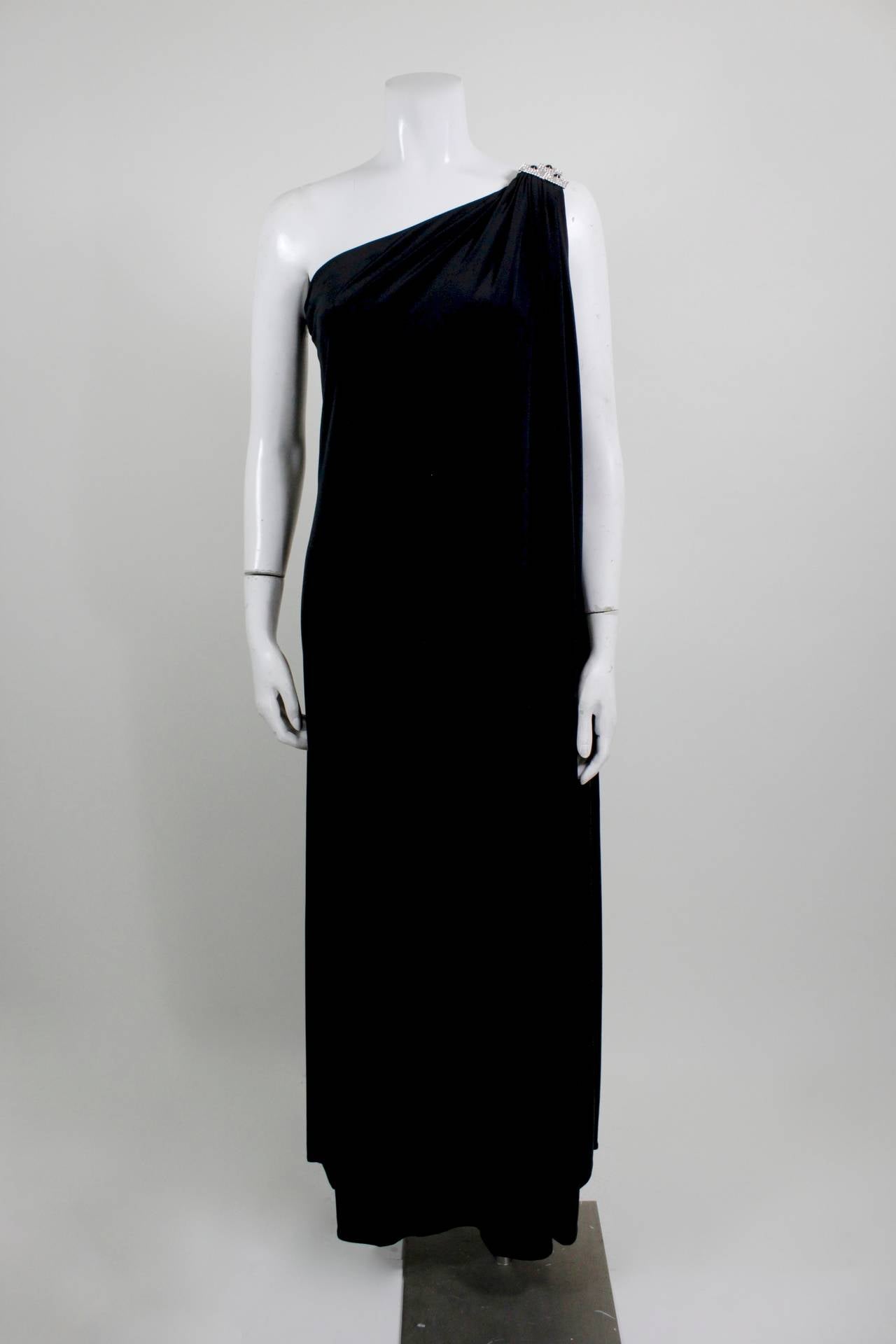 Black Adele Simpson Jersey Asymmetrical Evening Gown with Jeweled Shoulder