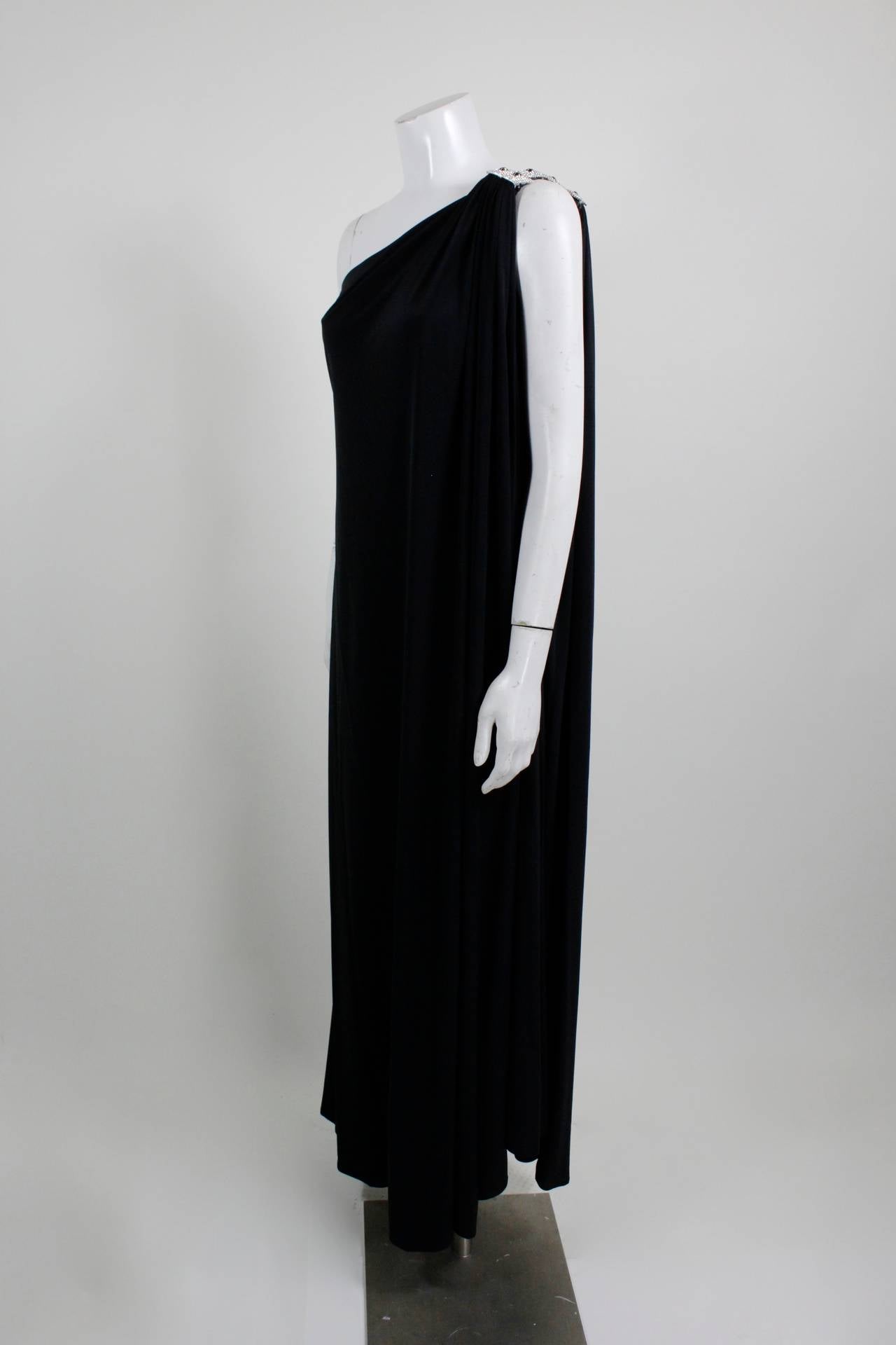 Women's Adele Simpson Jersey Asymmetrical Evening Gown with Jeweled Shoulder