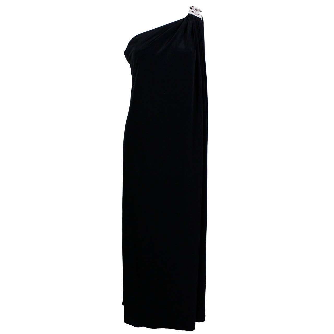 Adele Simpson Jersey Asymmetrical Evening Gown with Jeweled Shoulder