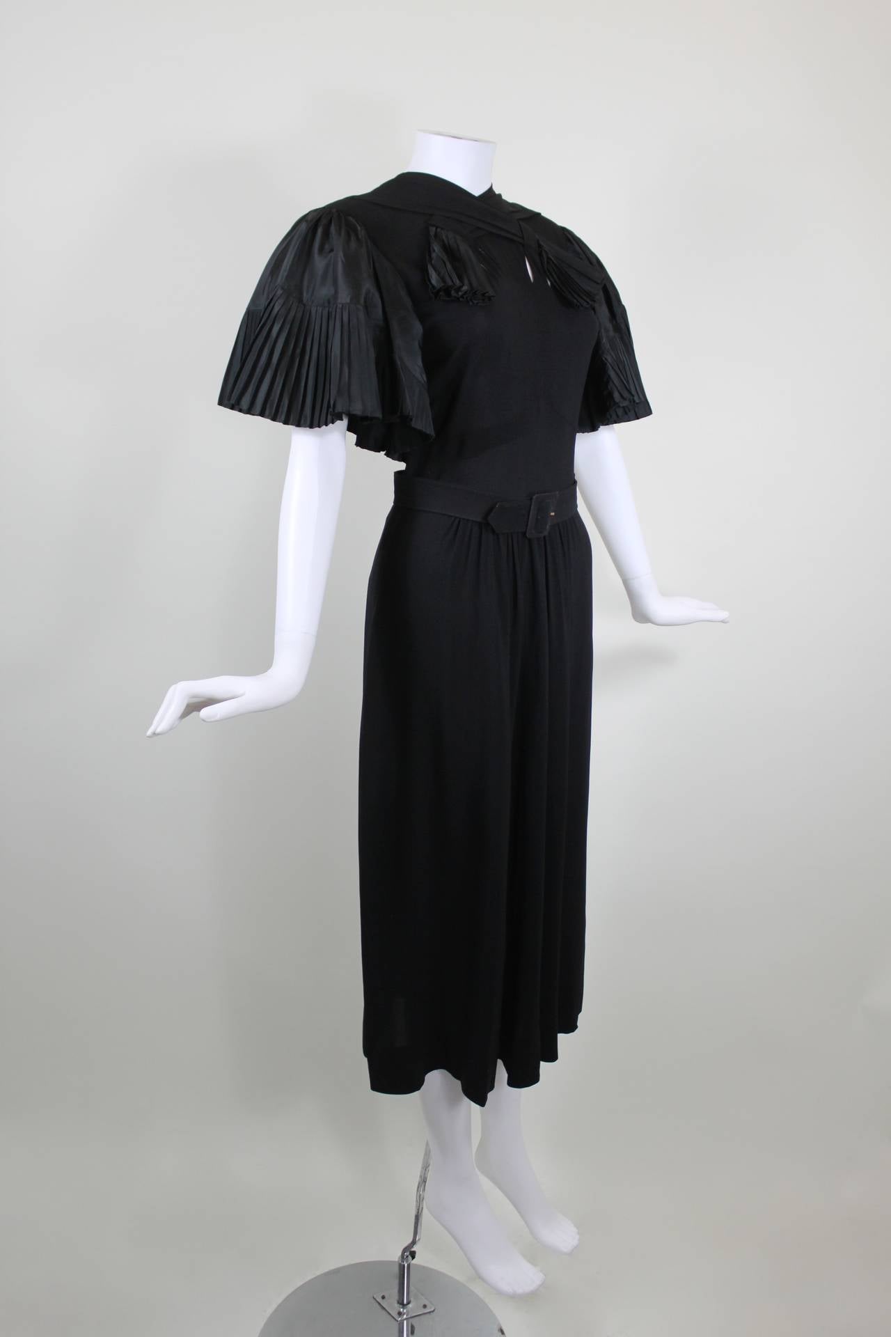 1940s Adrian Black Rayon Crepe Dress with Pleated Statement Sleeves In Excellent Condition For Sale In Los Angeles, CA