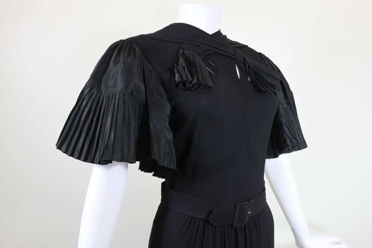1940s Adrian Black Rayon Crepe Dress with Pleated Statement Sleeves For Sale 2