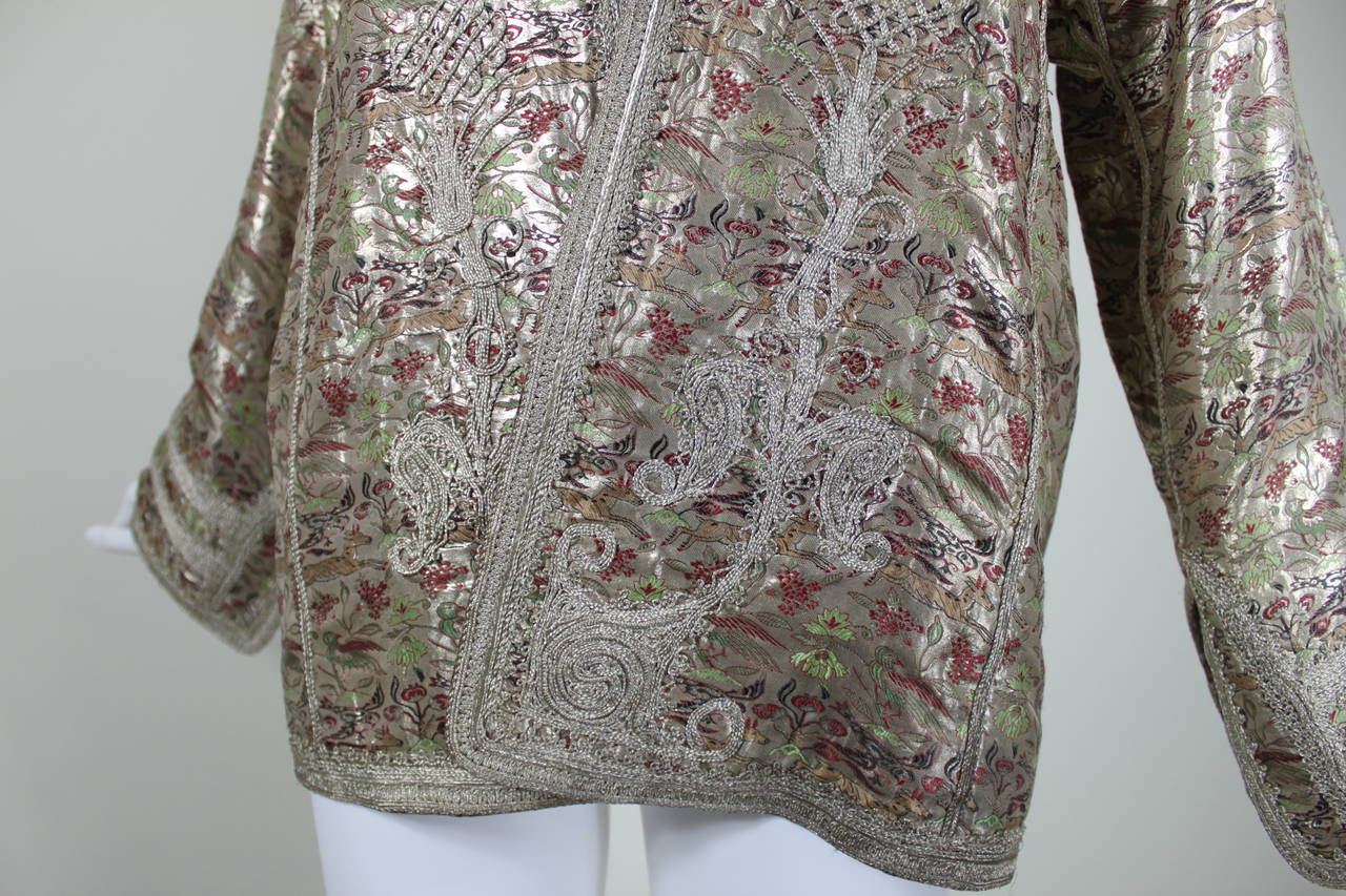 1930s Silver Lamé Jacket with Metallic Embroidered Colorful Animal Motif 2