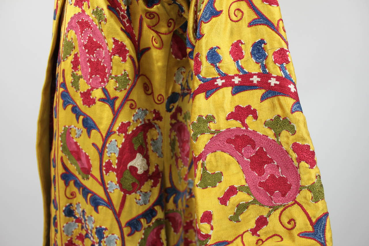 Vibrant Hand Embroidered Multicolor on Marigold Silk Robe 2