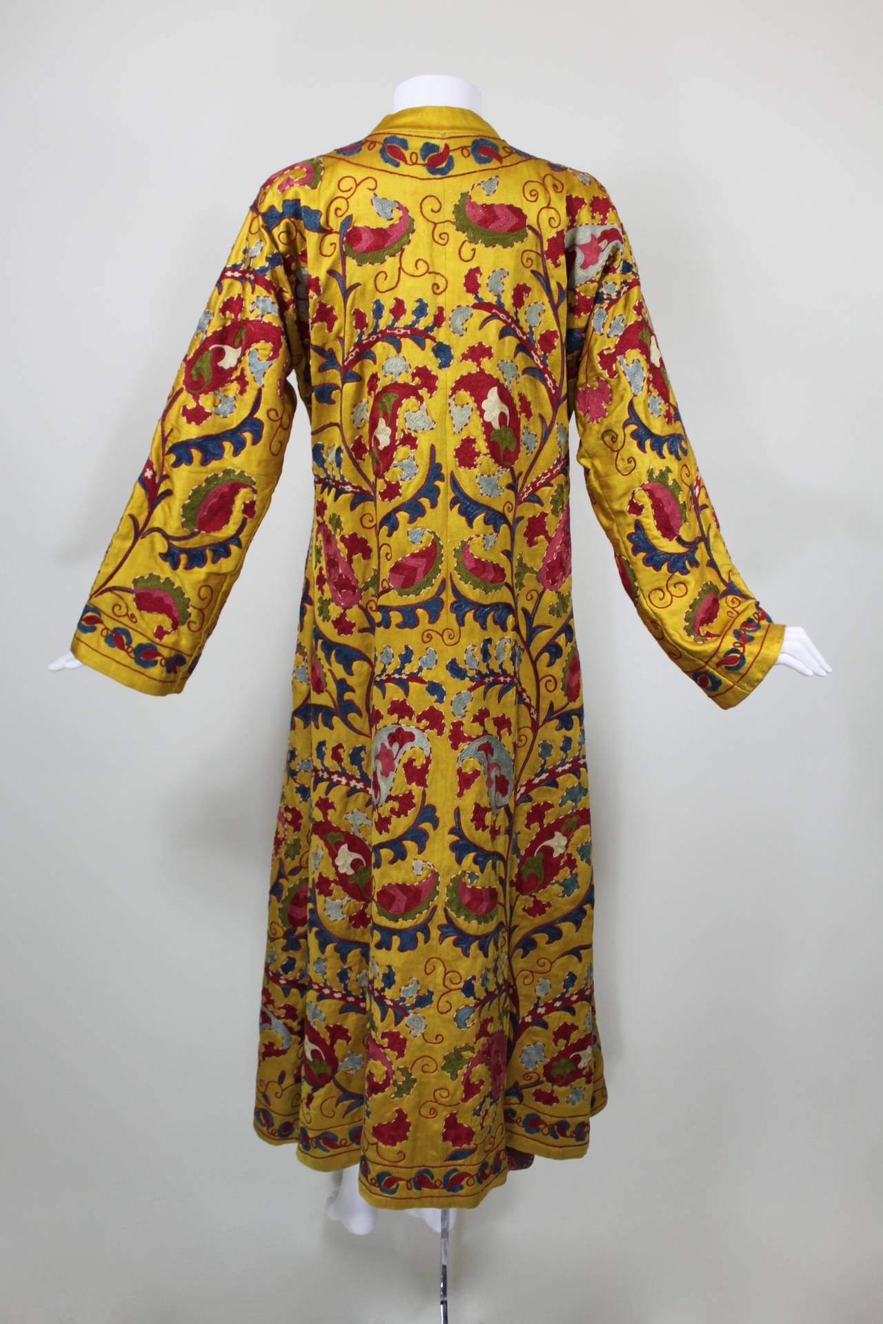 Vibrant Hand Embroidered Multicolor on Marigold Silk Robe In Excellent Condition In Los Angeles, CA