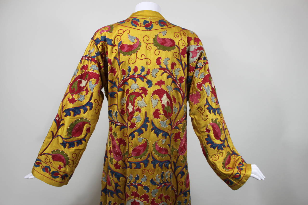Women's Vibrant Hand Embroidered Multicolor on Marigold Silk Robe