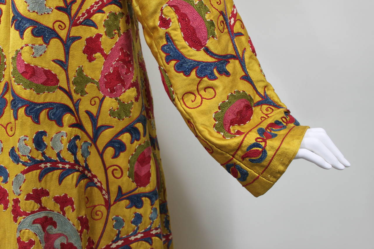 Vibrant Hand Embroidered Multicolor on Marigold Silk Robe 1
