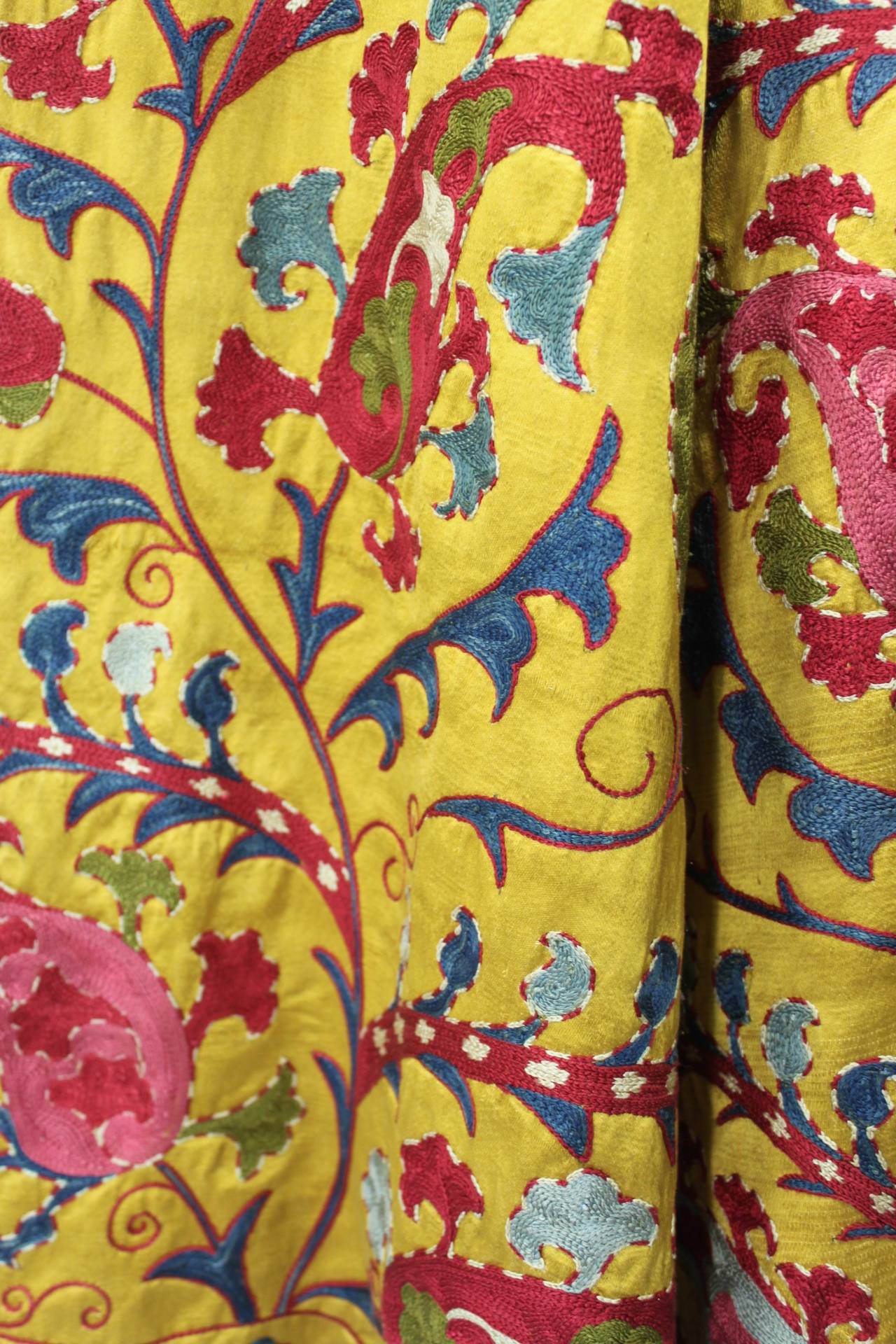 Vibrant Hand Embroidered Multicolor on Marigold Silk Robe 3