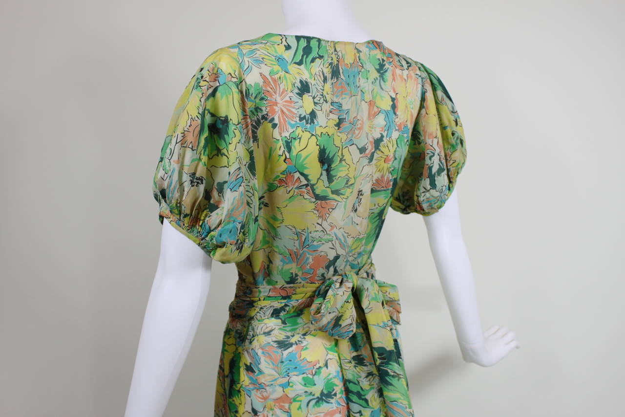 Gray 1930s Multicolor Floral Chiffon Garden Dress