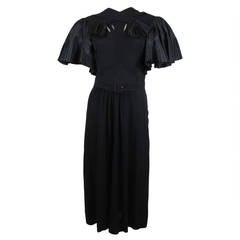 Vintage 1940s Adrian Black Rayon Crepe Dress with Pleated Statement Sleeves