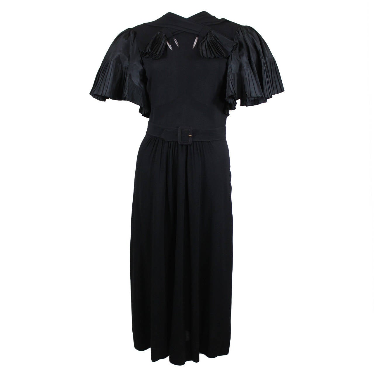 1940s Adrian Black Rayon Crepe Dress with Pleated Statement Sleeves For Sale