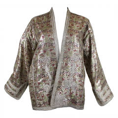 1930s Silver Lamé Jacket with Metallic Embroidered Colorful Animal Motif