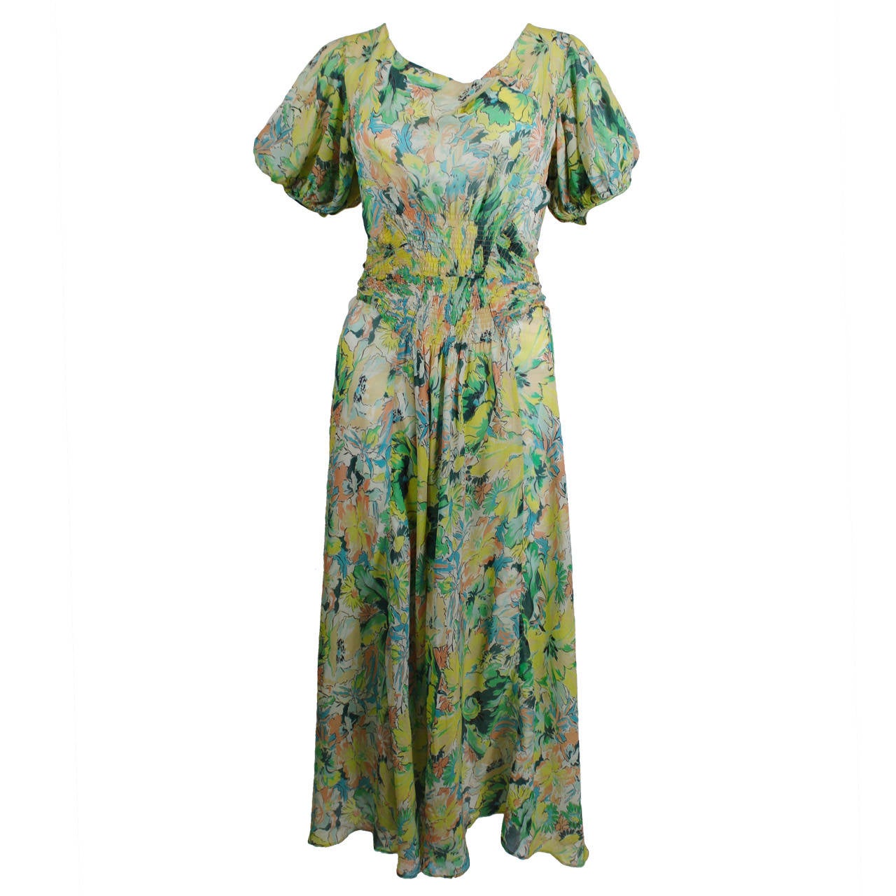 1930s Multicolor Floral Chiffon Garden Dress at 1stDibs