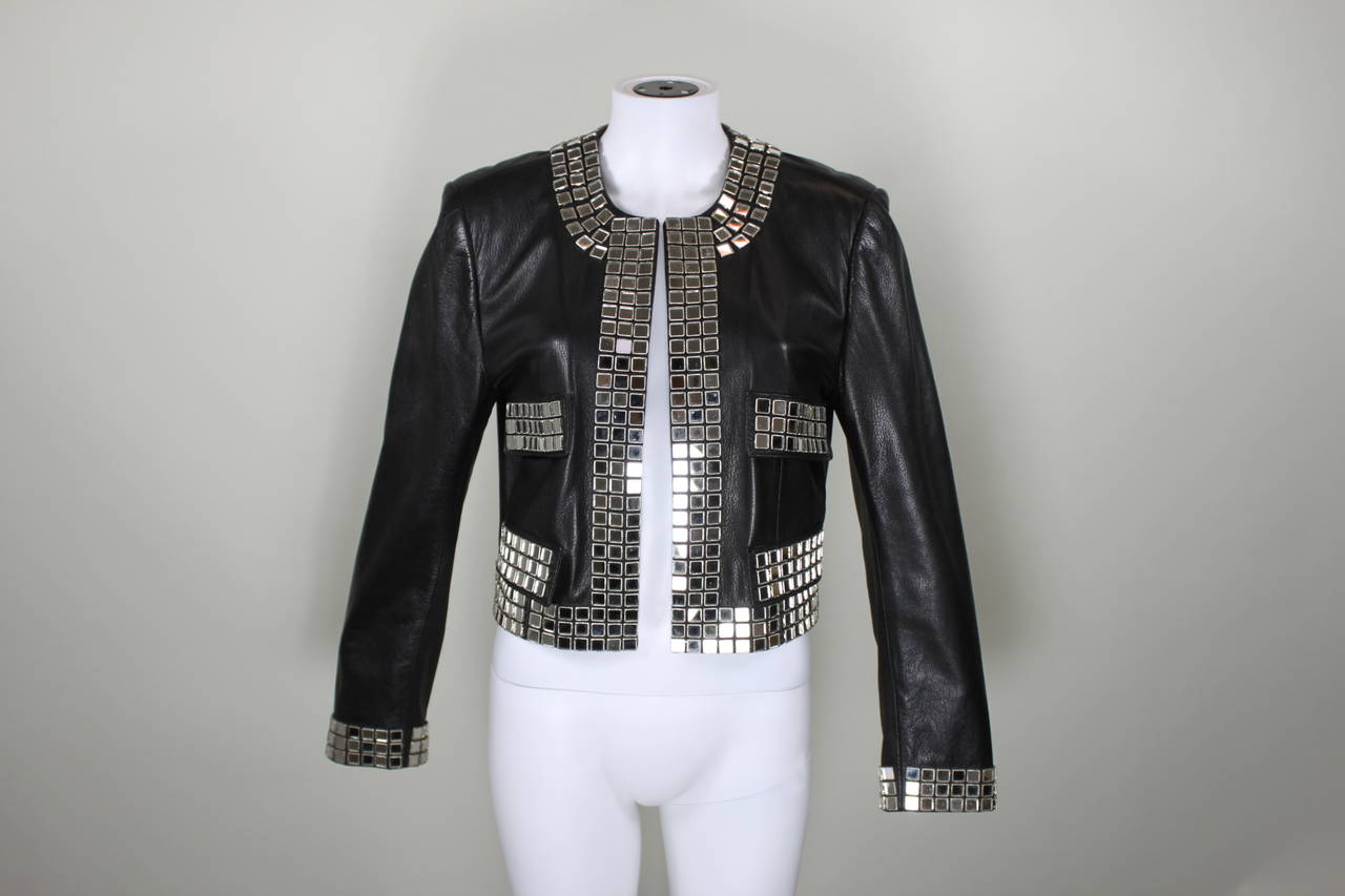 Women's MOSCHINO Leather Moto Jacket with Disco Mirror Appliqués