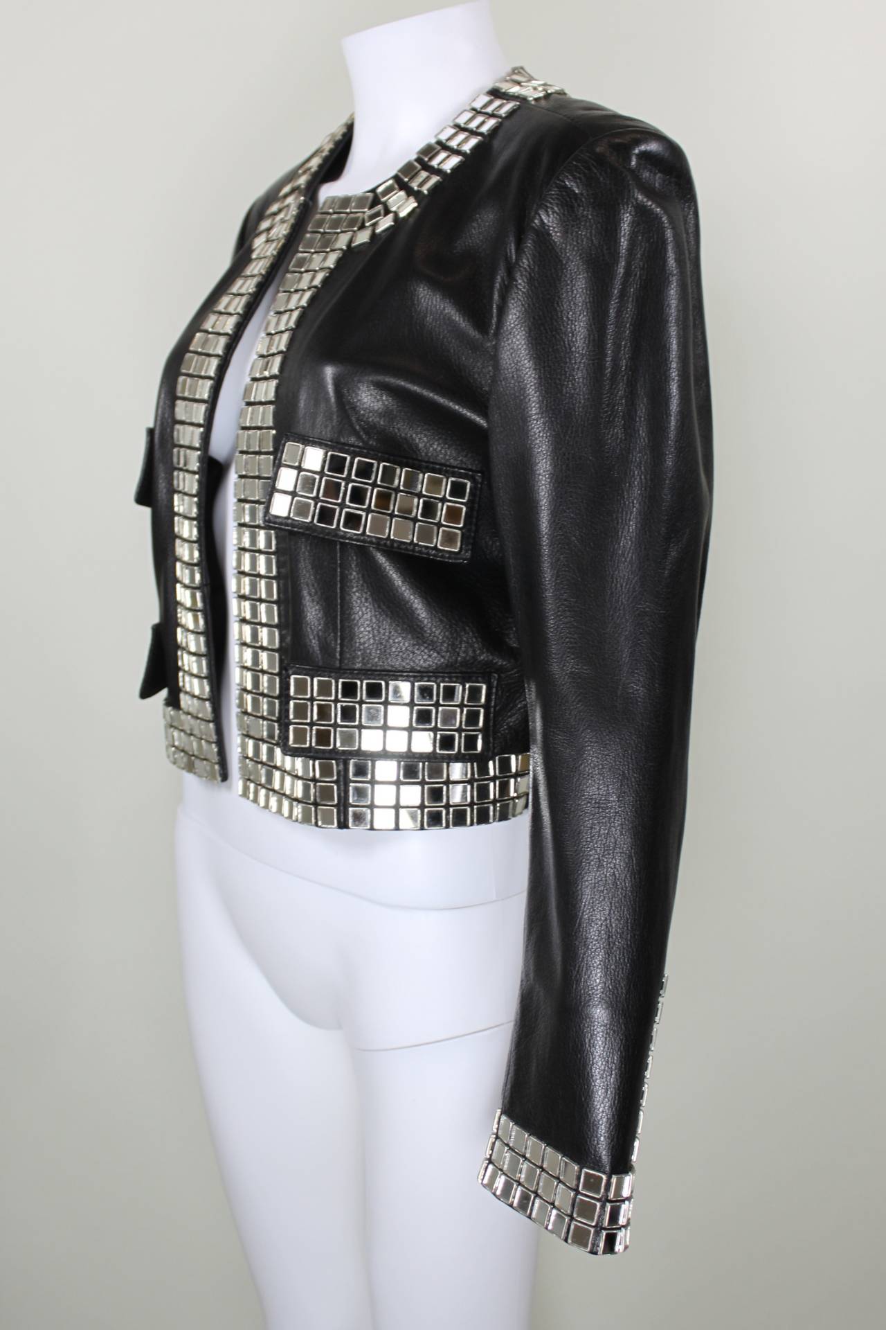 MOSCHINO Leather Moto Jacket with Disco Mirror Appliqués In Excellent Condition In Los Angeles, CA