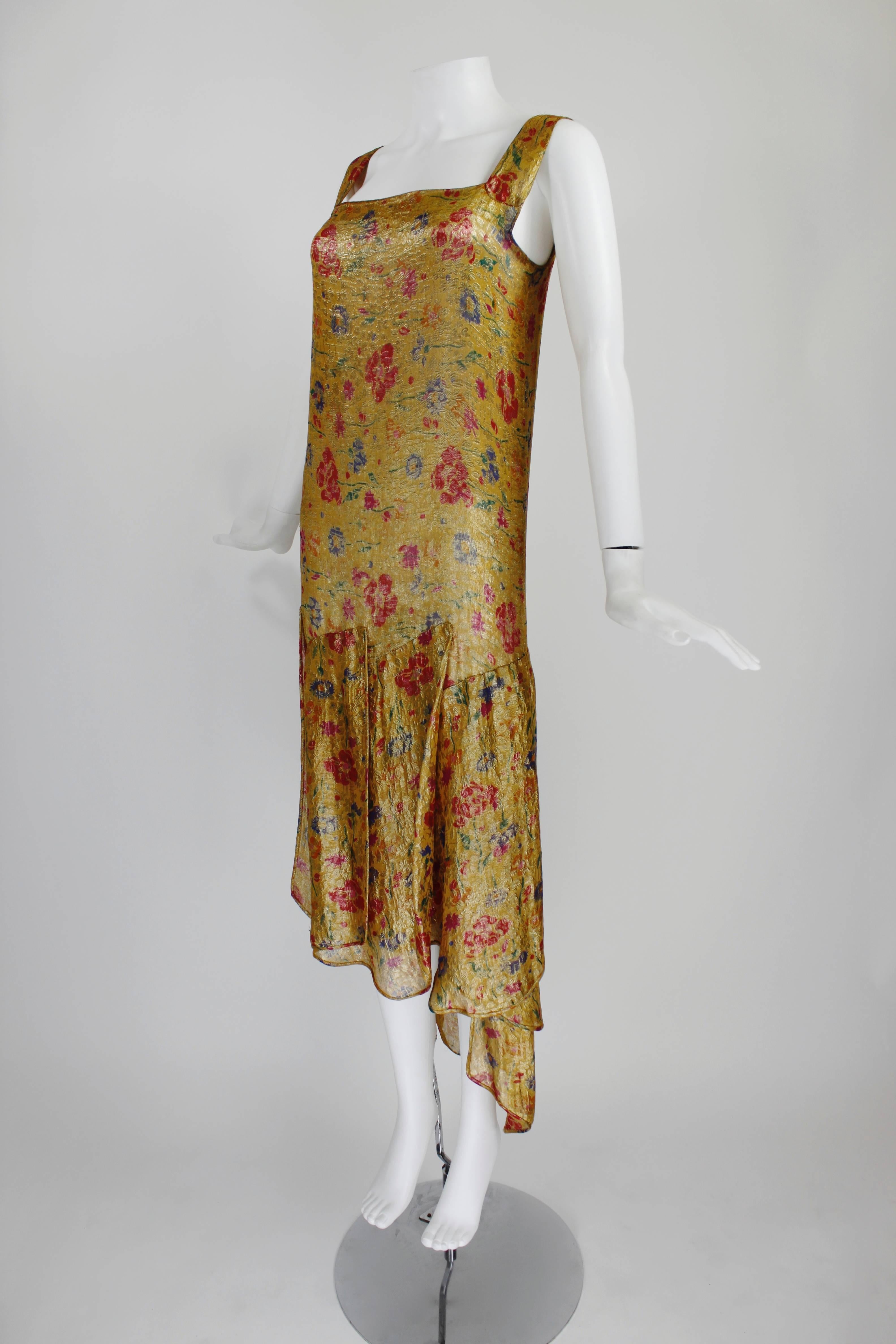 Brown 1920s Tiered Marigold Floral French Lamé Cocktail Dress For Sale