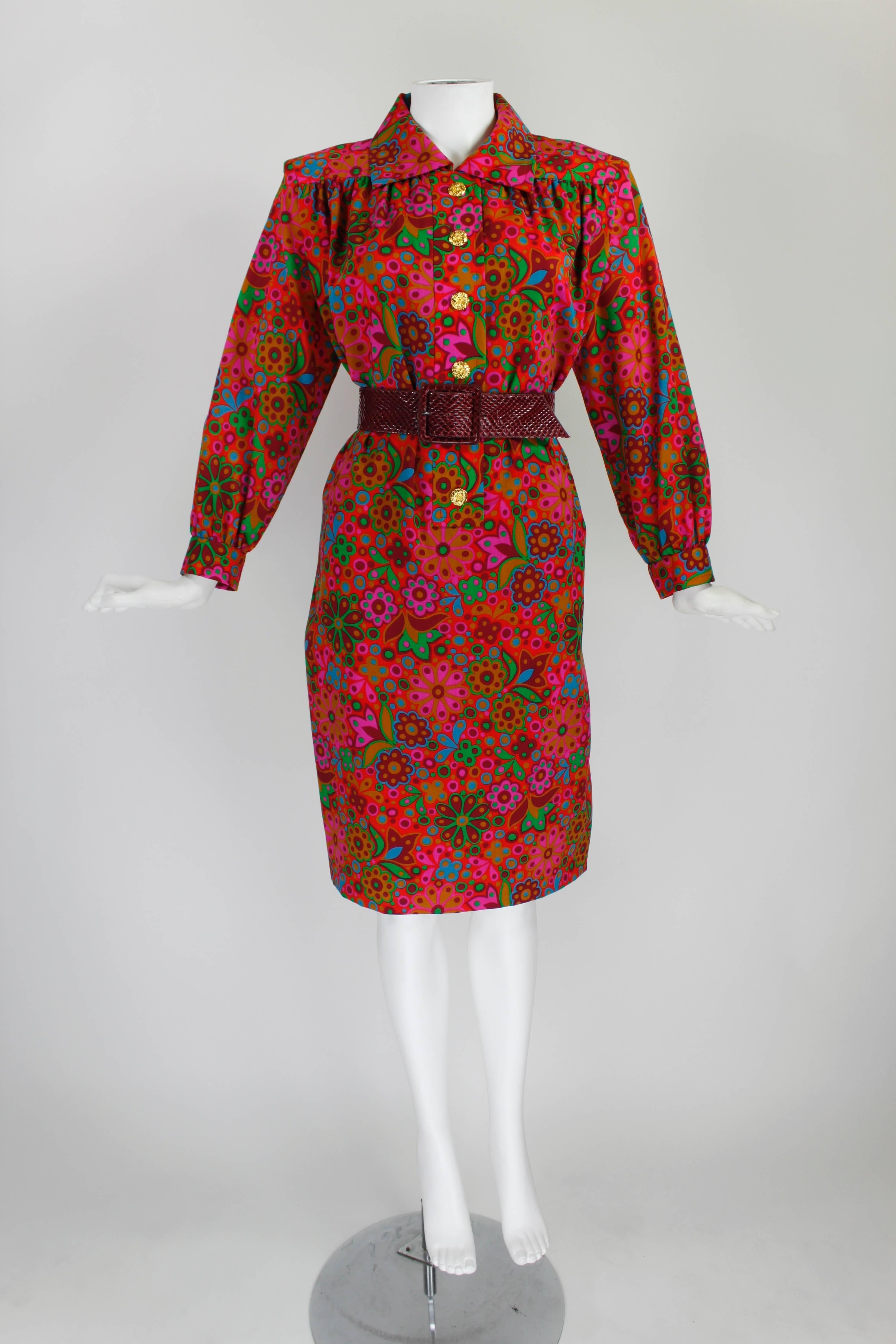 1970s YSL Electric Red Mod Floral Print Dress with Snakeskin Belt In Excellent Condition In Los Angeles, CA