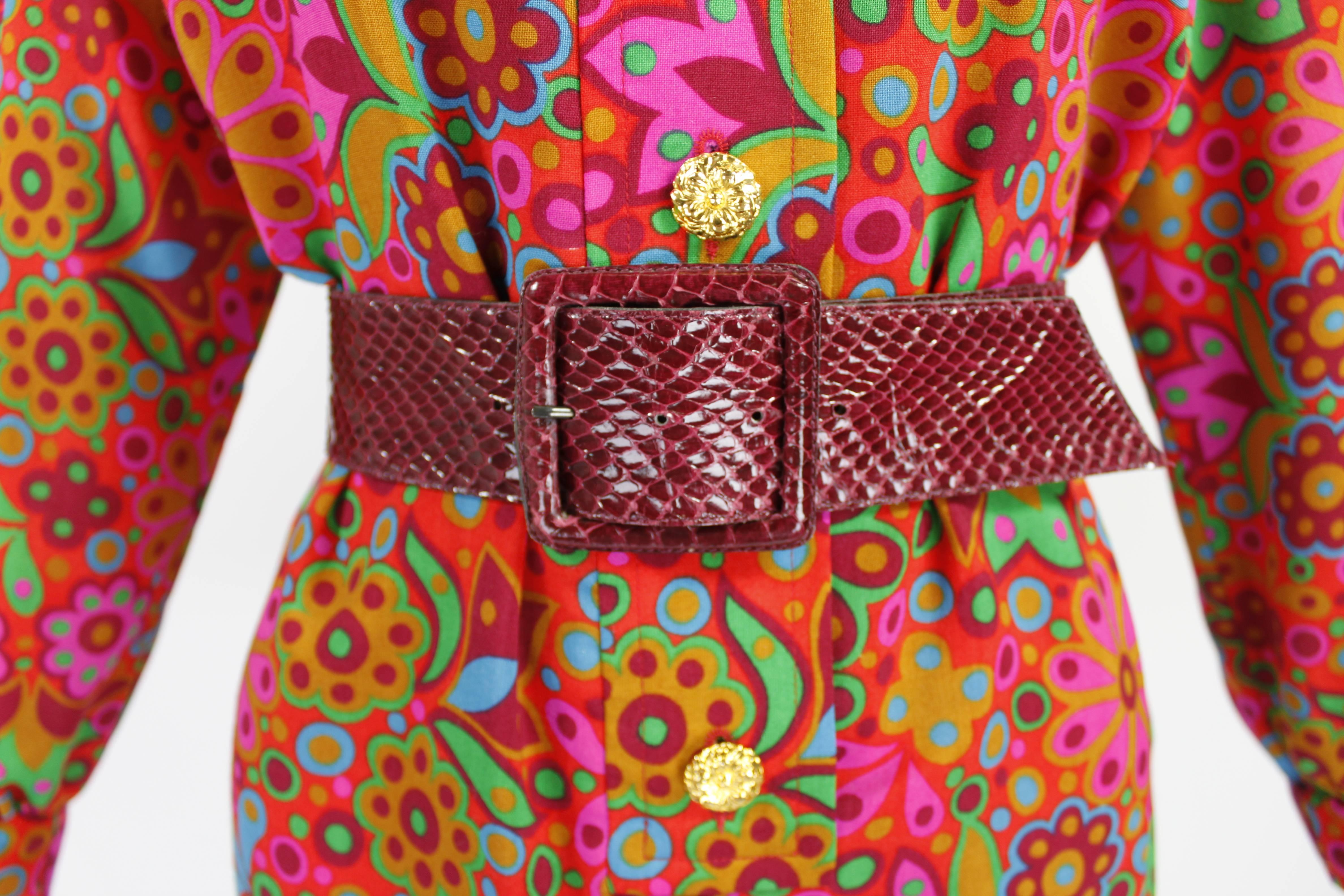 1970s YSL Electric Red Mod Floral Print Dress with Snakeskin Belt 3