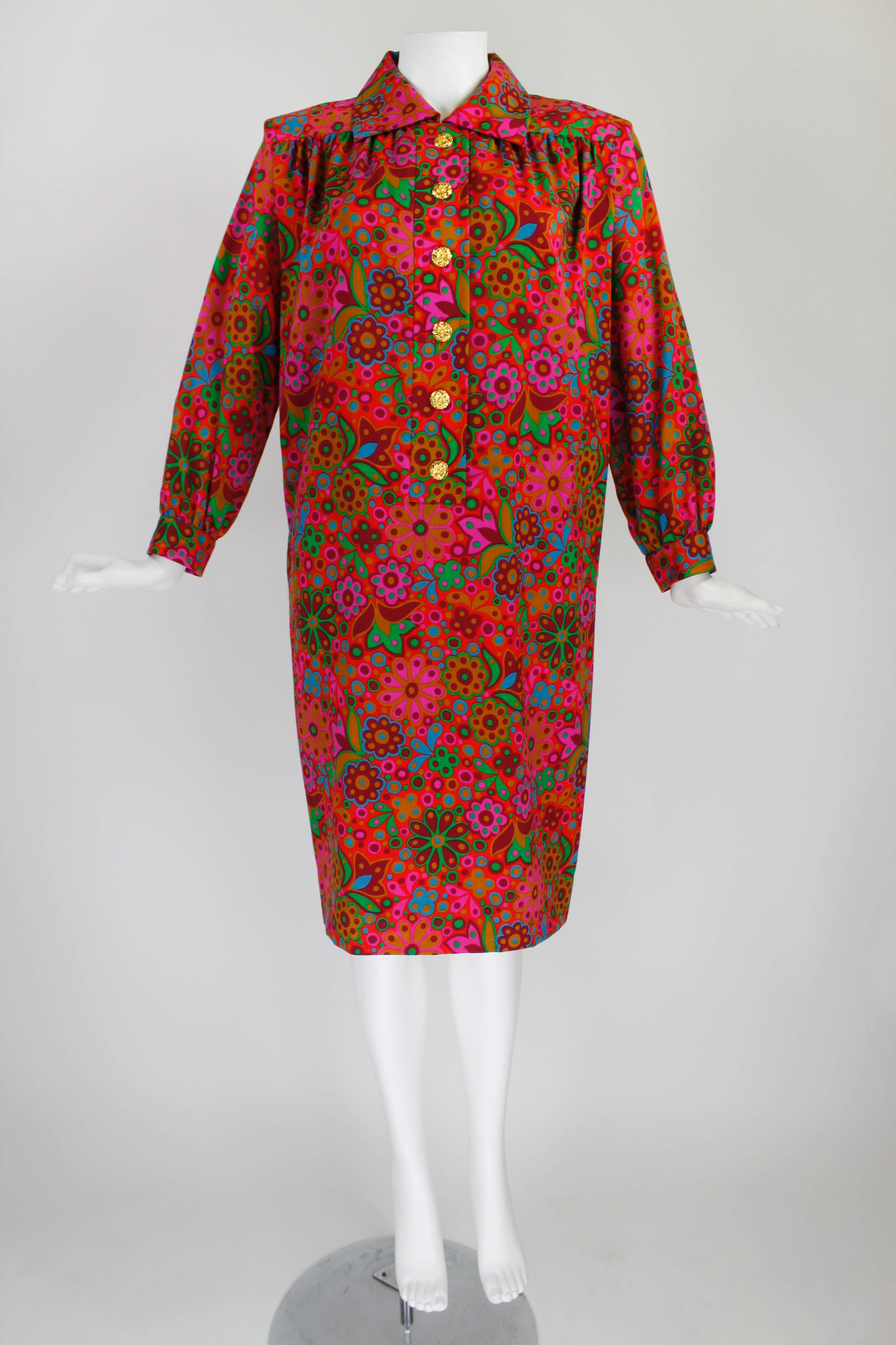 1970s YSL Electric Red Mod Floral Print Dress with Snakeskin Belt 5