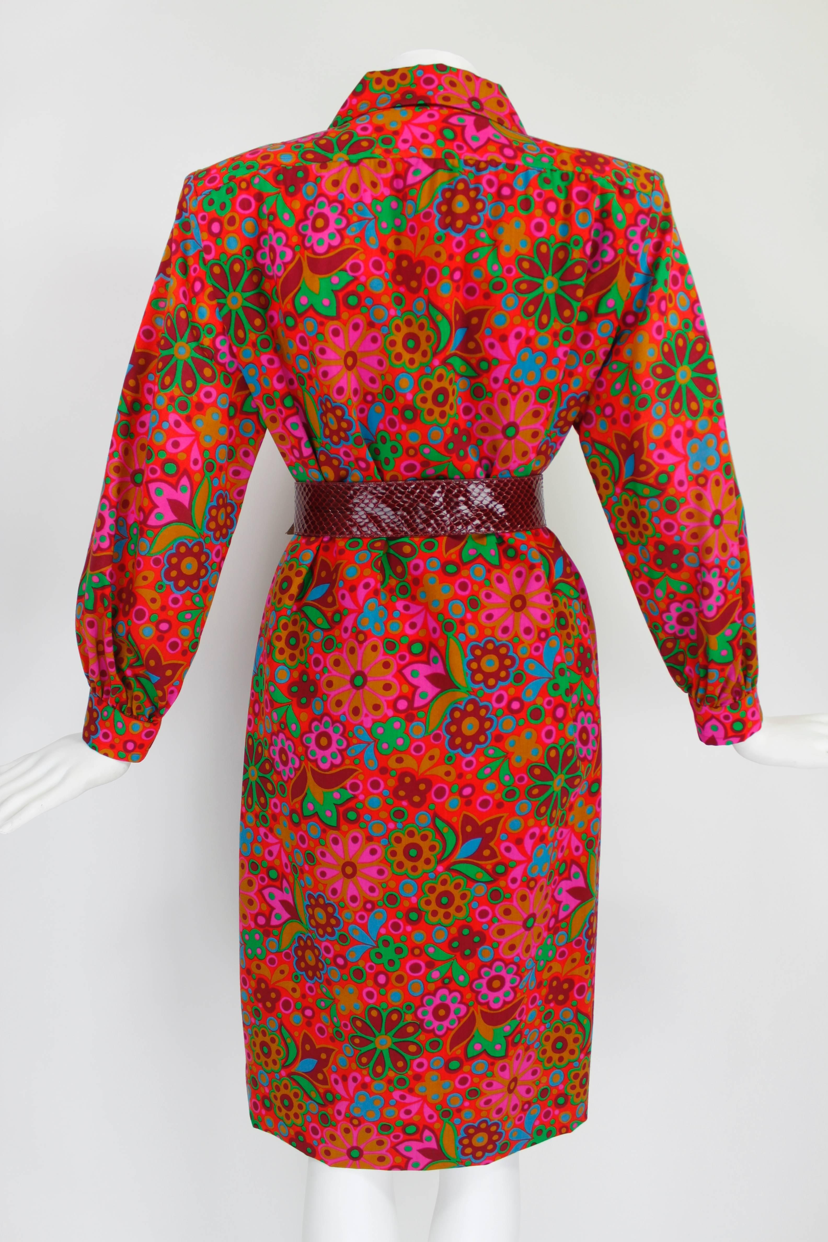 1970s YSL Electric Red Mod Floral Print Dress with Snakeskin Belt 4