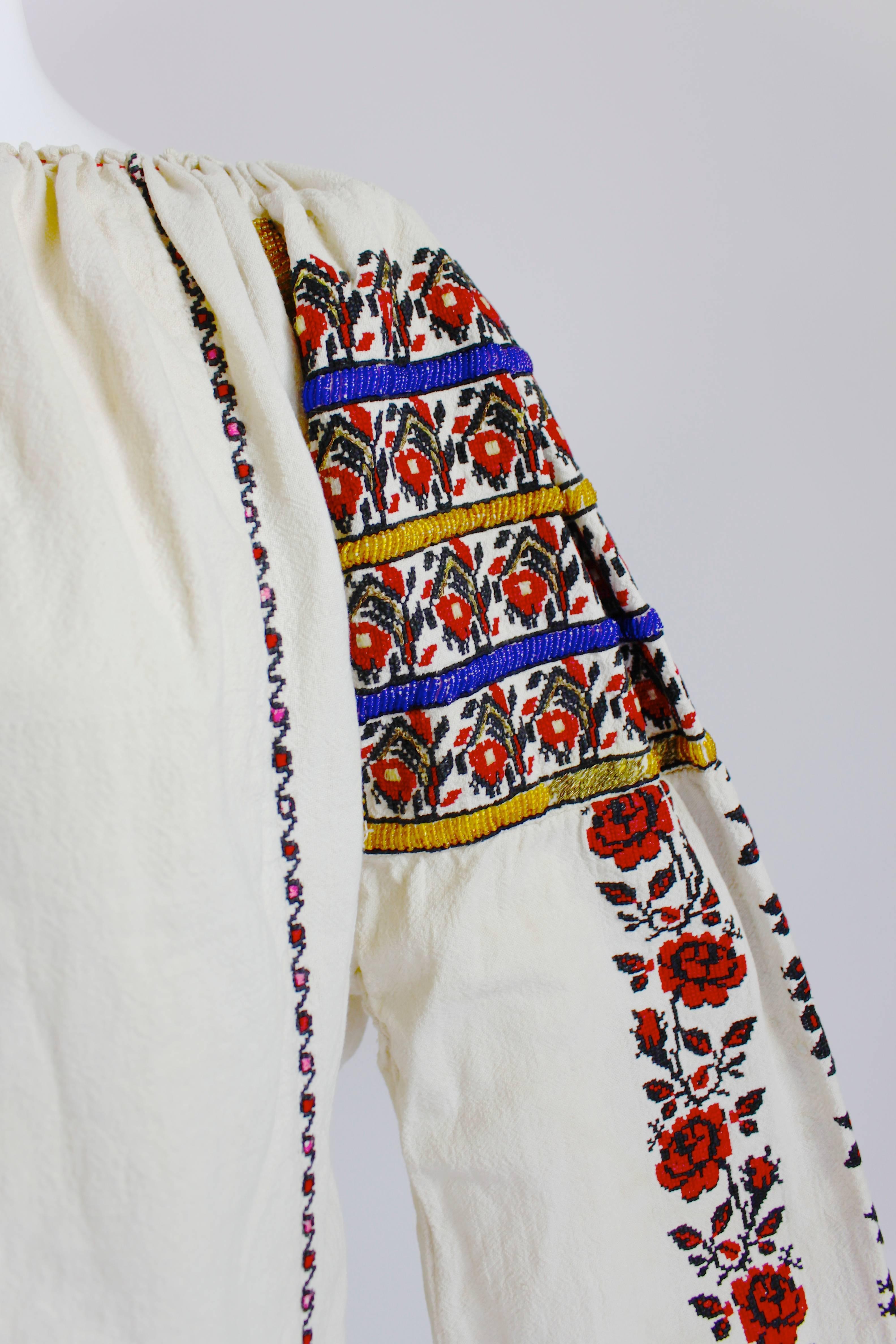 1930s Eastern European Geometric Floral Beaded and Embroidered Peasant Blouse In Excellent Condition In Los Angeles, CA