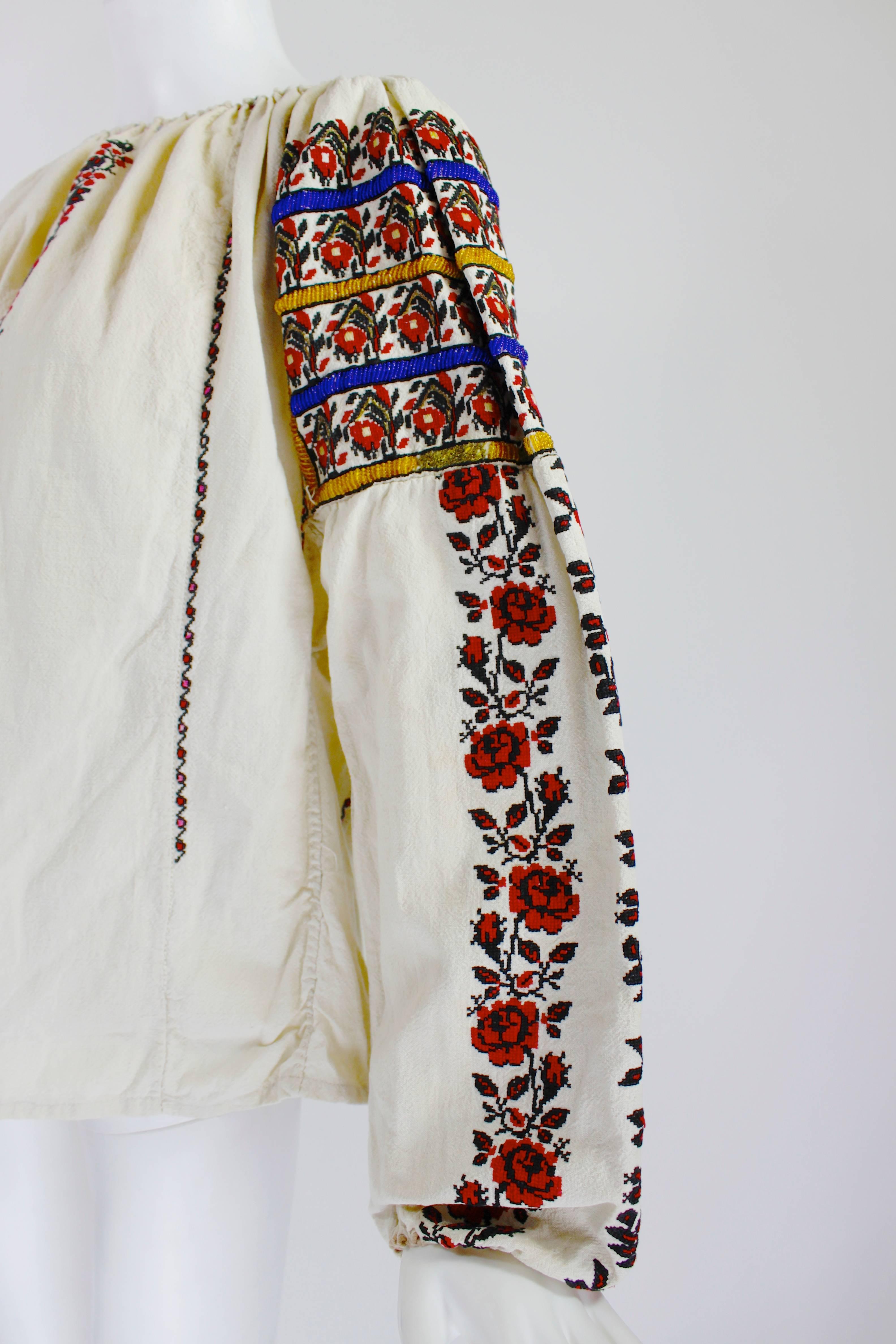 1930s Eastern European Geometric Floral Beaded and Embroidered Peasant Blouse 1