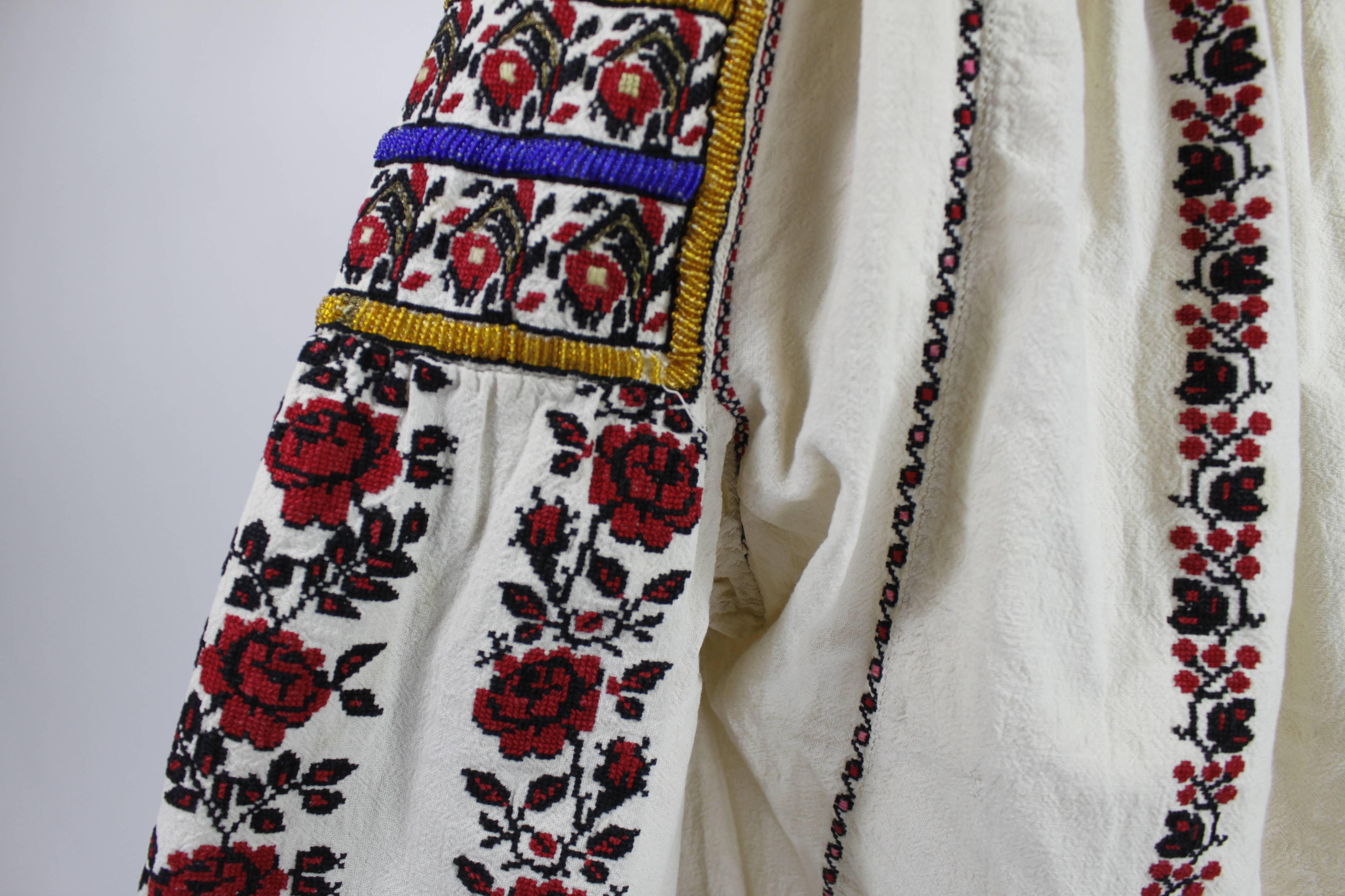 1930s Eastern European Geometric Floral Beaded and Embroidered Peasant Blouse 2