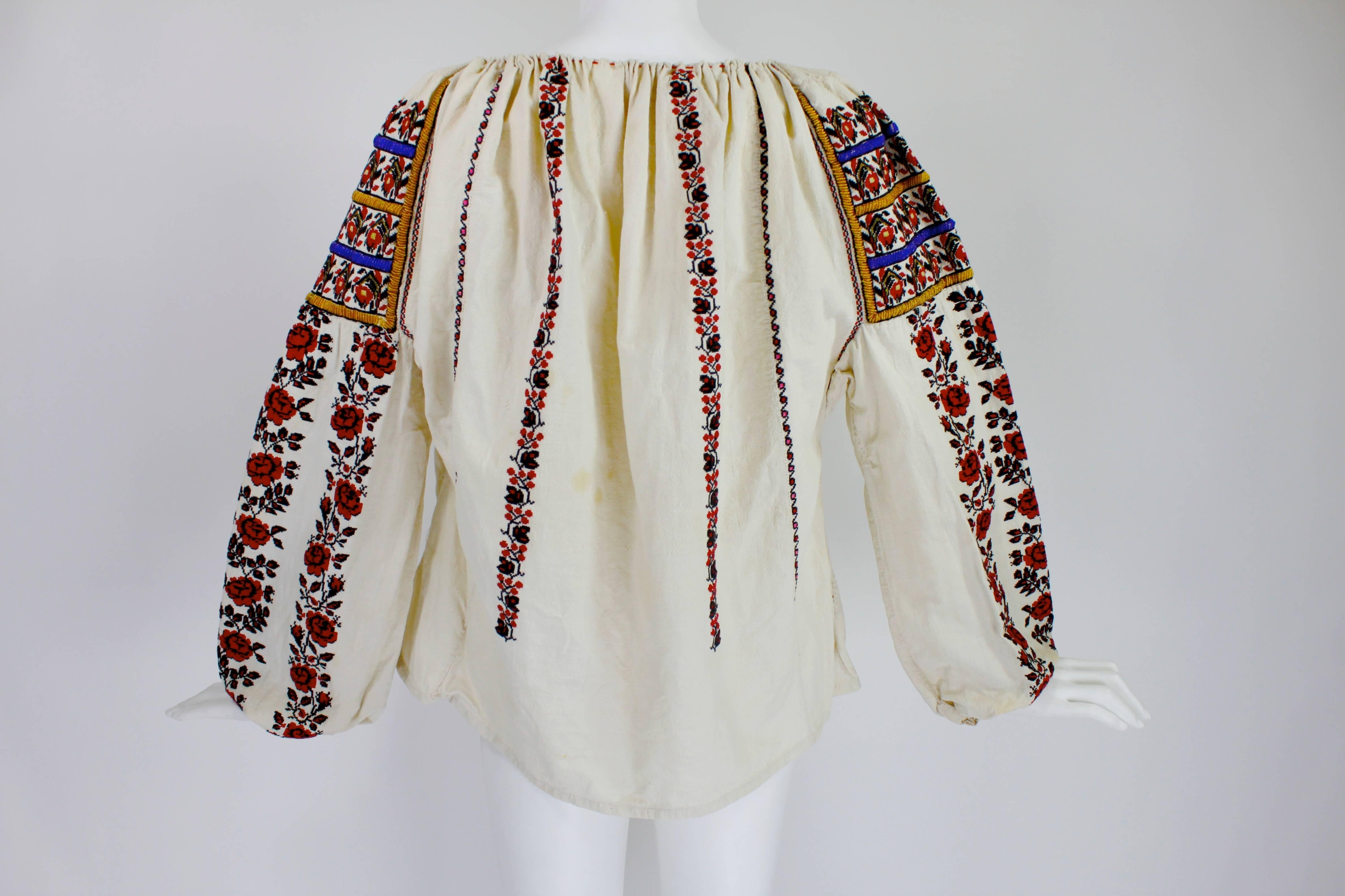Beige 1930s Eastern European Geometric Floral Beaded and Embroidered Peasant Blouse