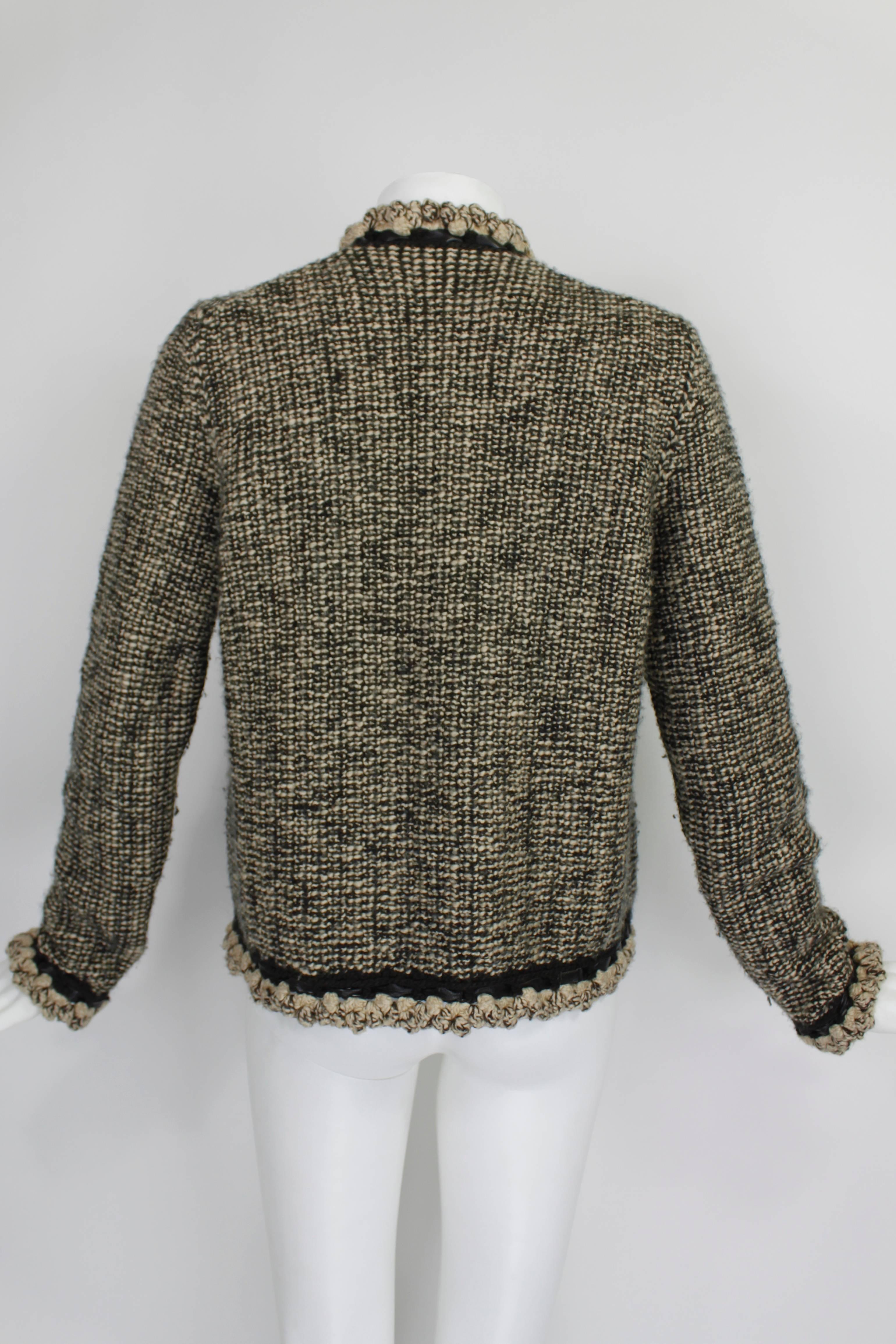 Women's 1990s CHANEL Wool and Camel Hair Cardigan with Braided Leather Detail