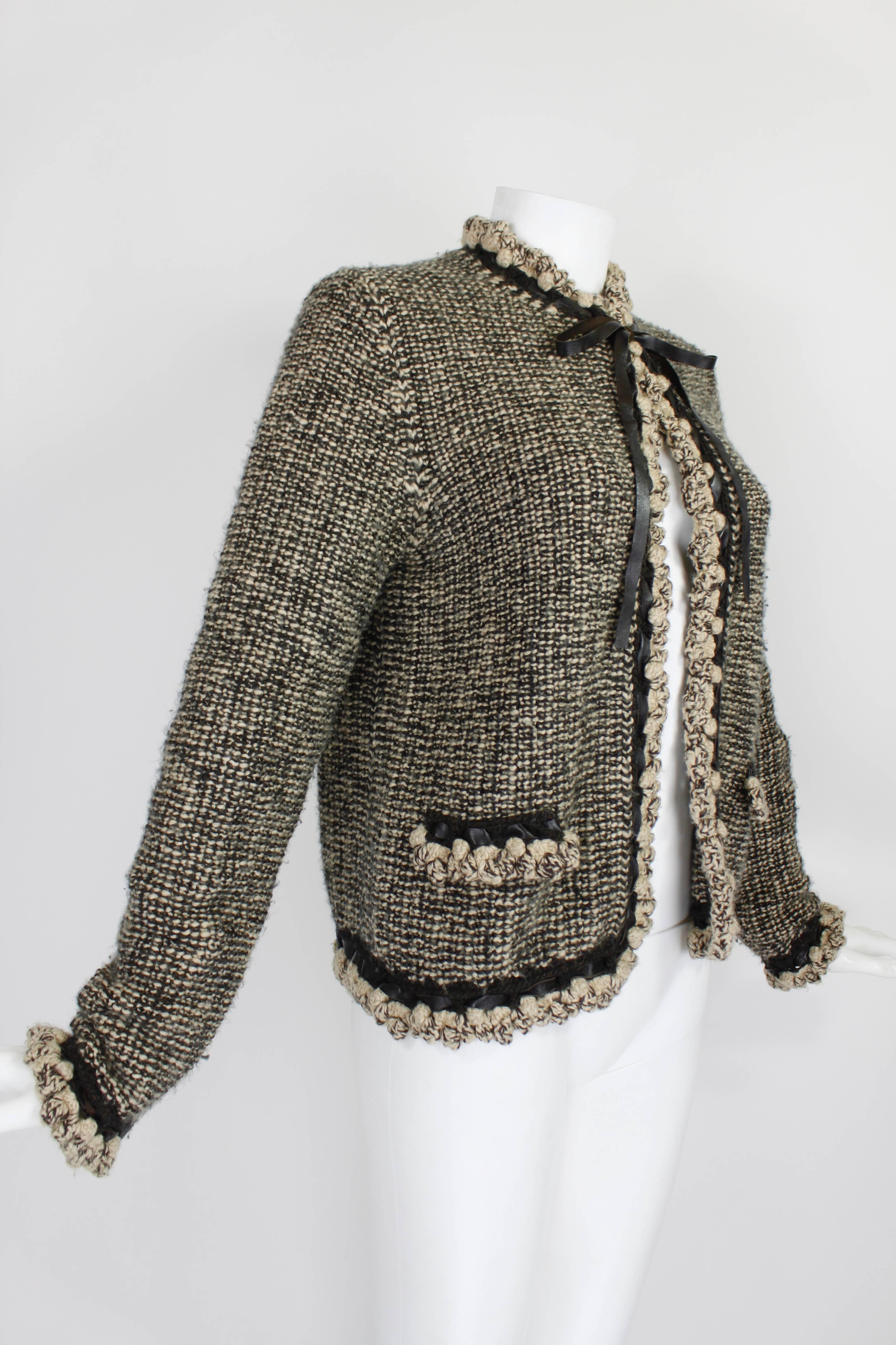 Black 1990s CHANEL Wool and Camel Hair Cardigan with Braided Leather Detail
