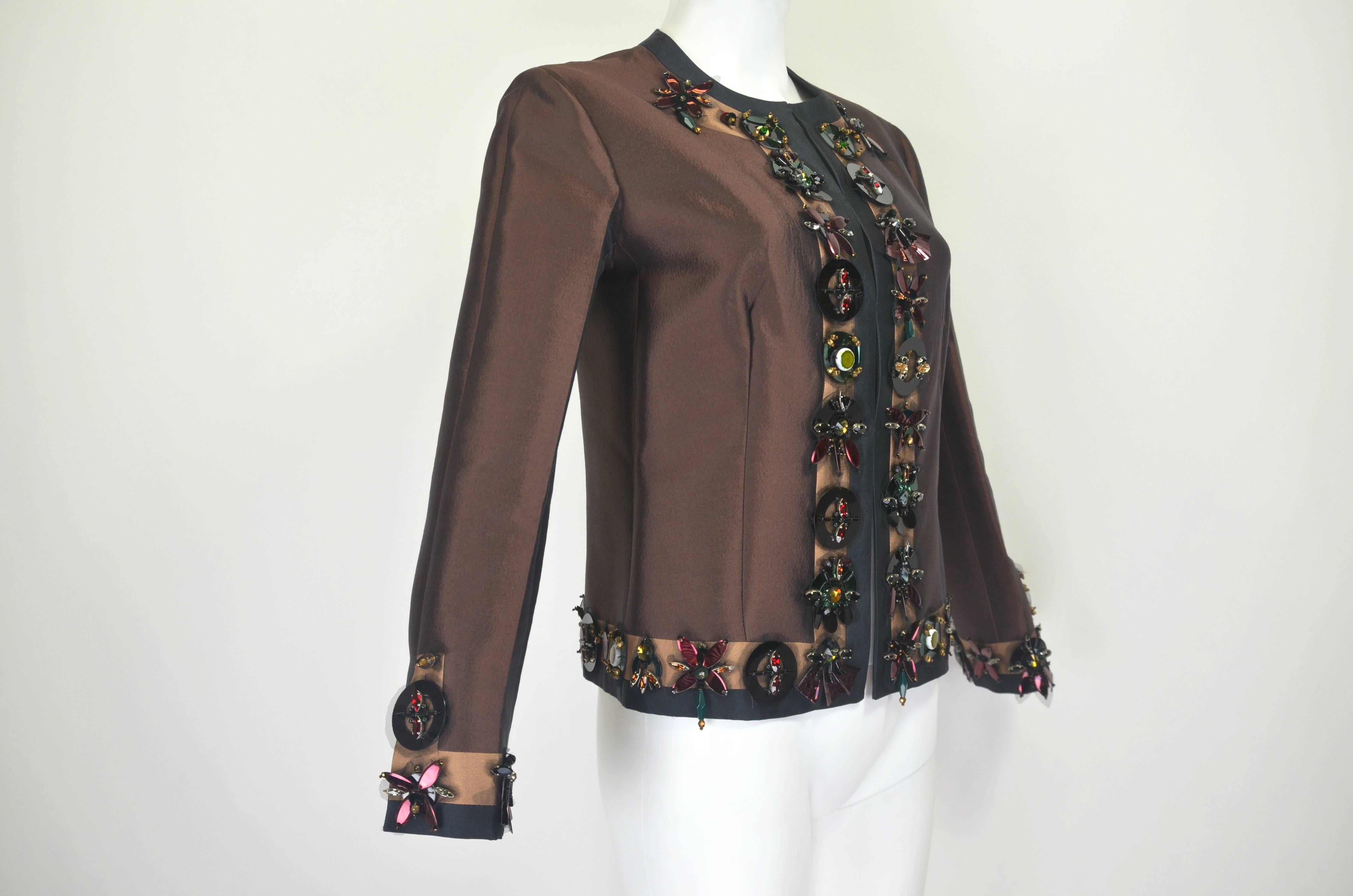 Black Prada Silk Wool Evening Jacket with Paillettes and Rhinestones For Sale