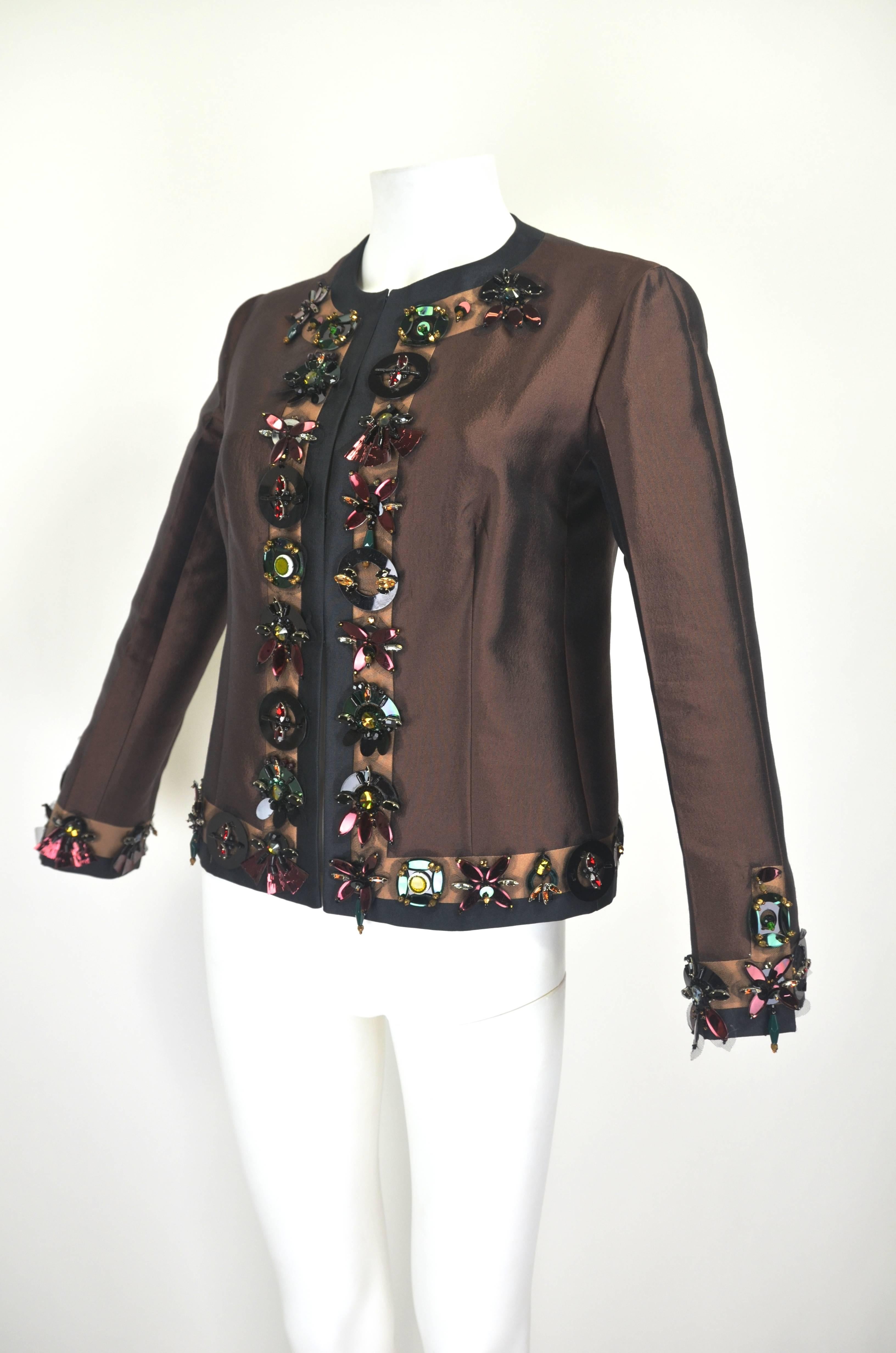 Prada Silk Wool Evening Jacket with Paillettes and Rhinestones In Excellent Condition For Sale In Los Angeles, CA