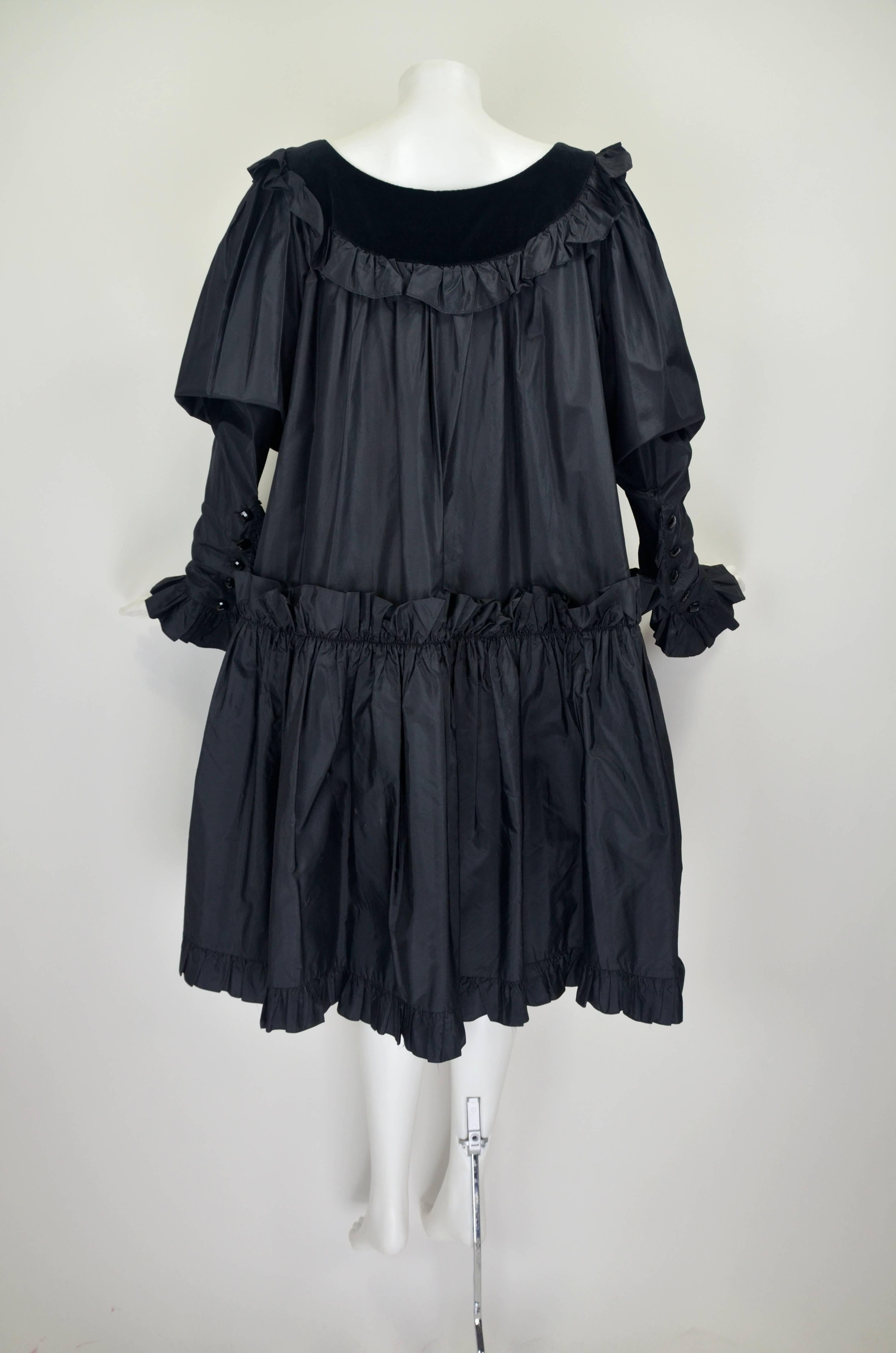 1980s Yves Saint Laurent Black Taffeta and Velvet Trapeze Peasant Dress In Excellent Condition For Sale In Los Angeles, CA