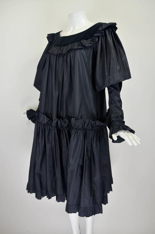 1980s Yves Saint Laurent Black Taffeta and Velvet Trapeze Peasant Dress ...
