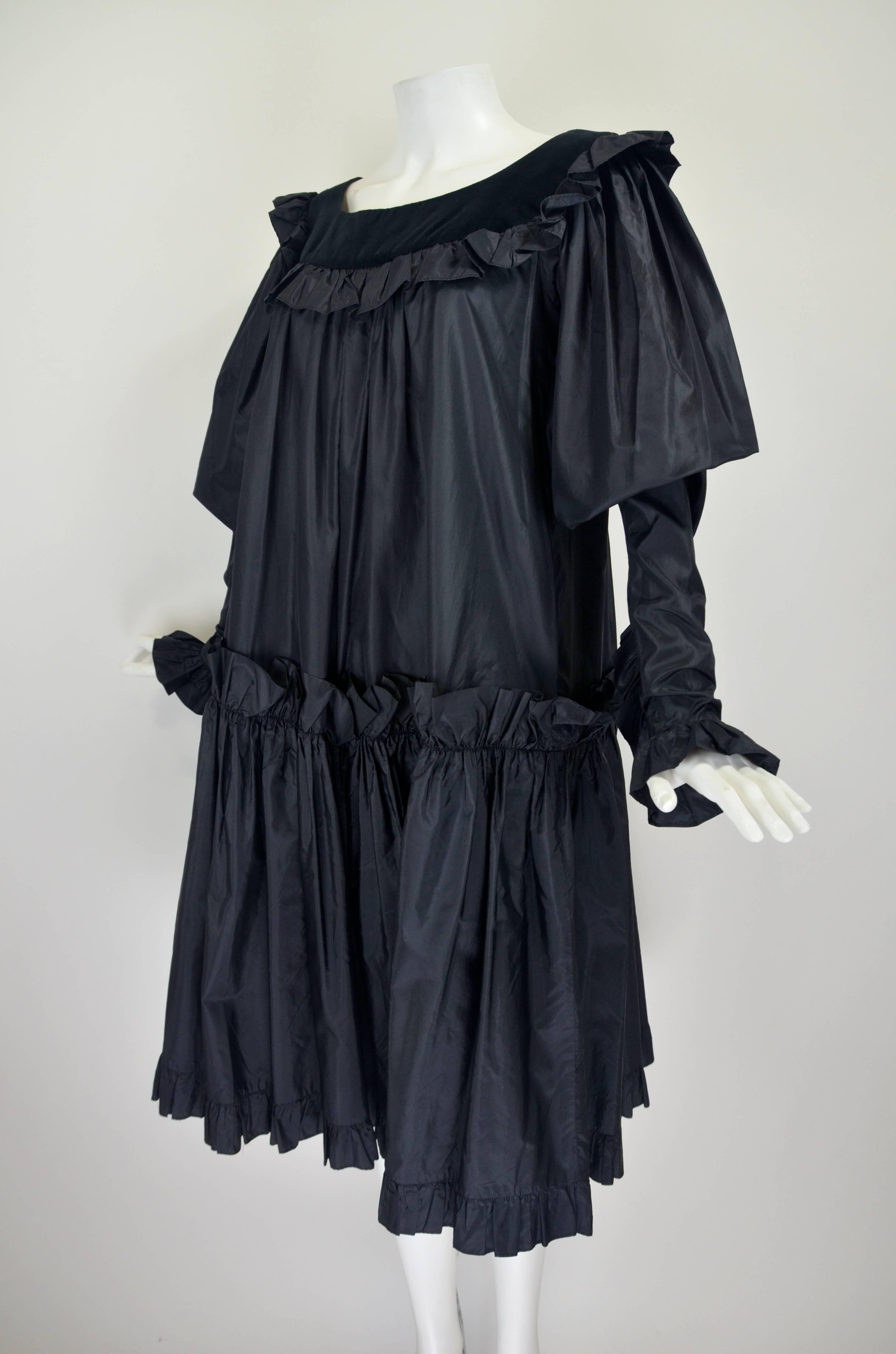 Women's 1980s Yves Saint Laurent Black Taffeta and Velvet Trapeze Peasant Dress For Sale