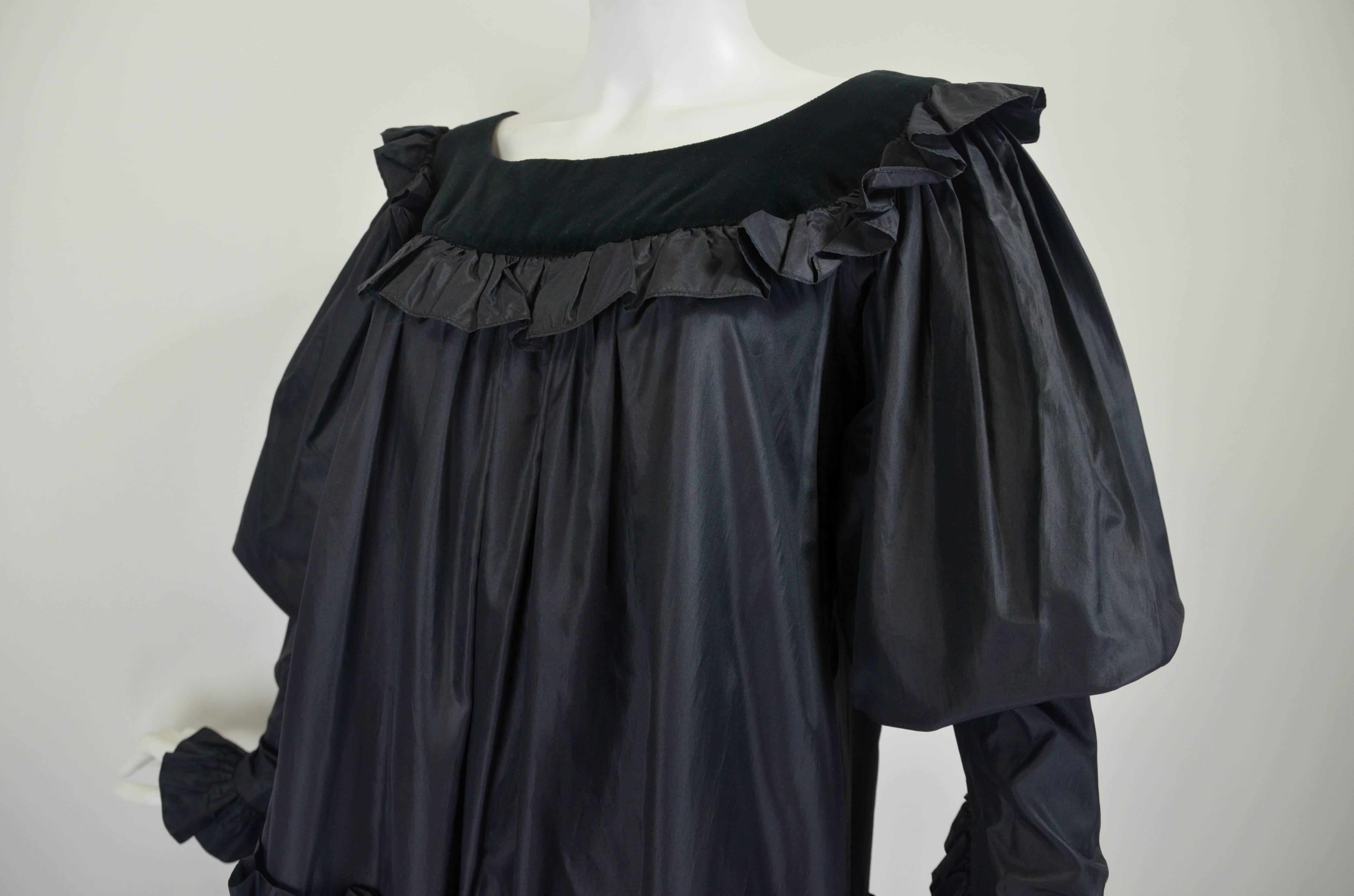 1980s Yves Saint Laurent Black Taffeta and Velvet Trapeze Peasant Dress For Sale 1