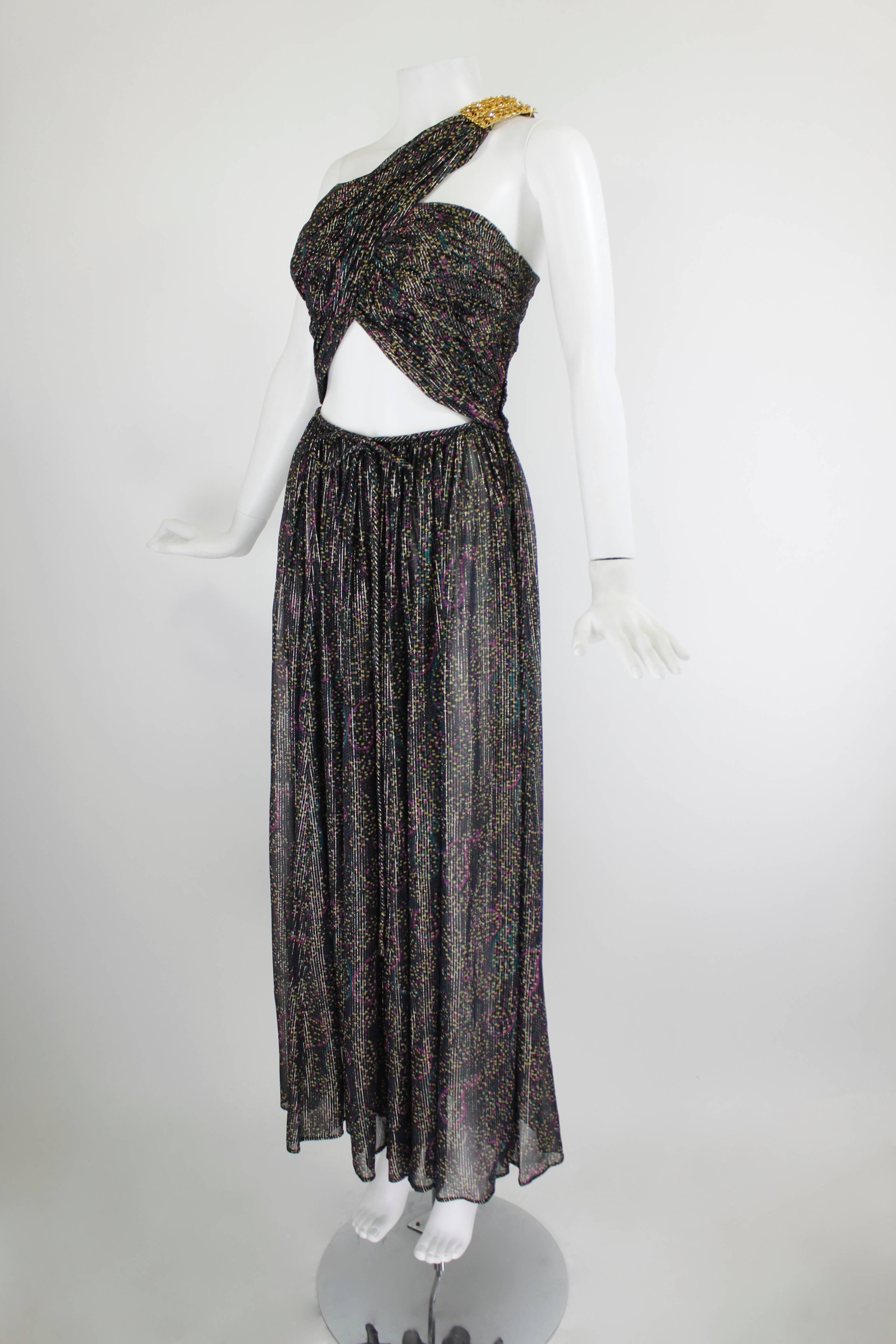 Black 1970s Tita Rossi Metallic Painterly Paisley Evening Gown with Wrap For Sale