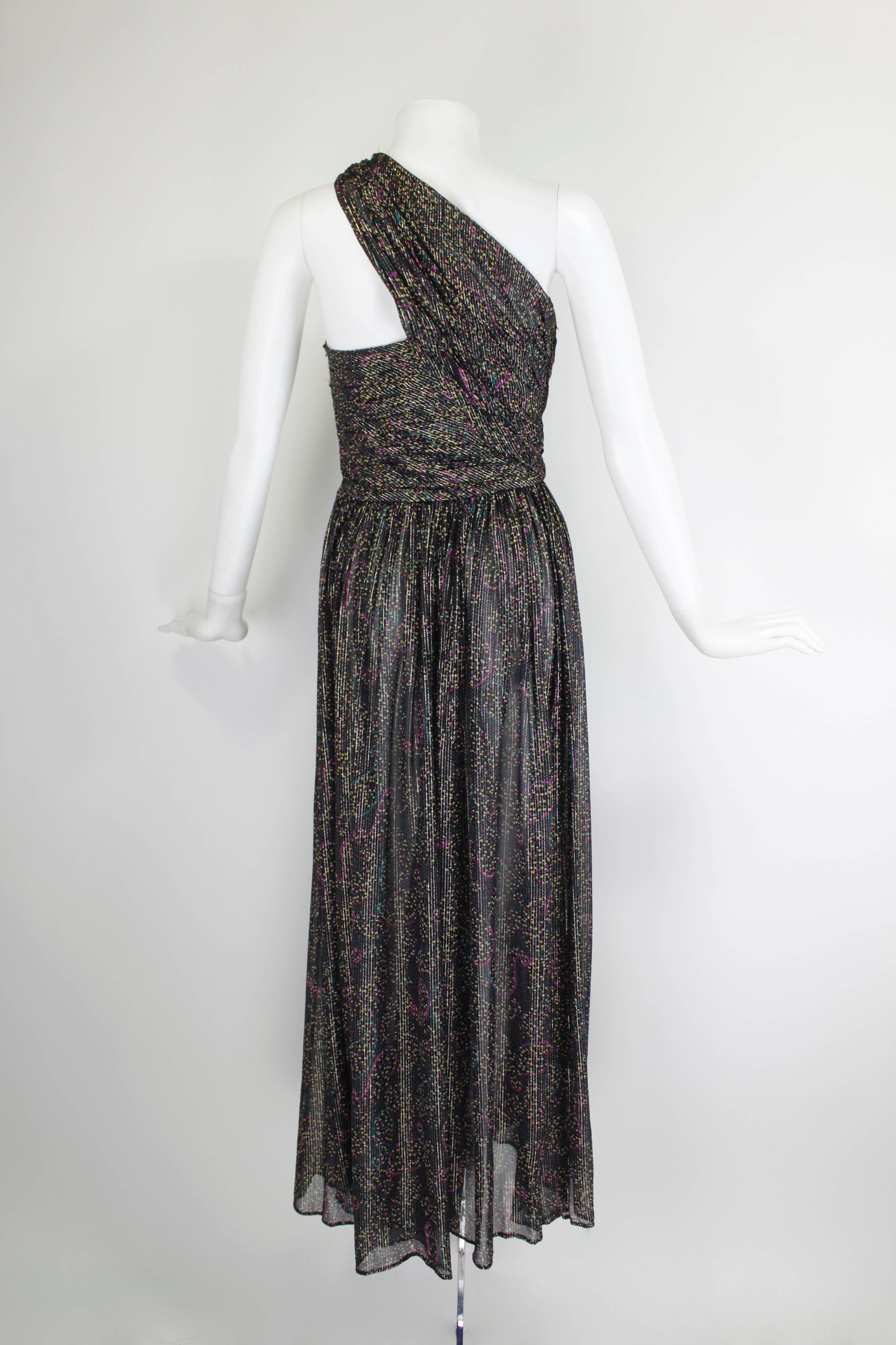 1970s Tita Rossi Metallic Painterly Paisley Evening Gown with Wrap In Excellent Condition For Sale In Los Angeles, CA