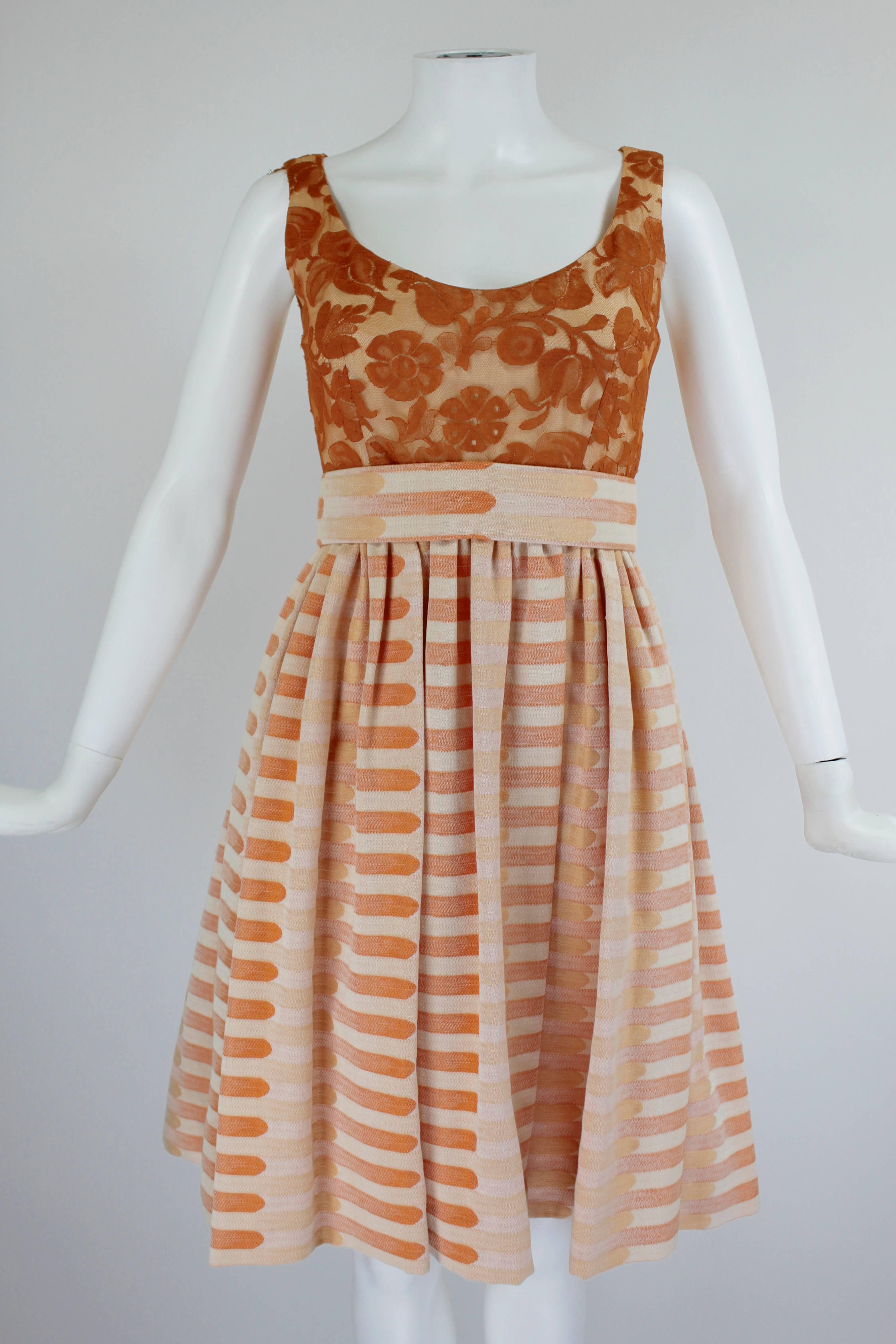 Beige Ronald Amey Sherbet Lace and Graphic Gradient Striped Cocktail Dress