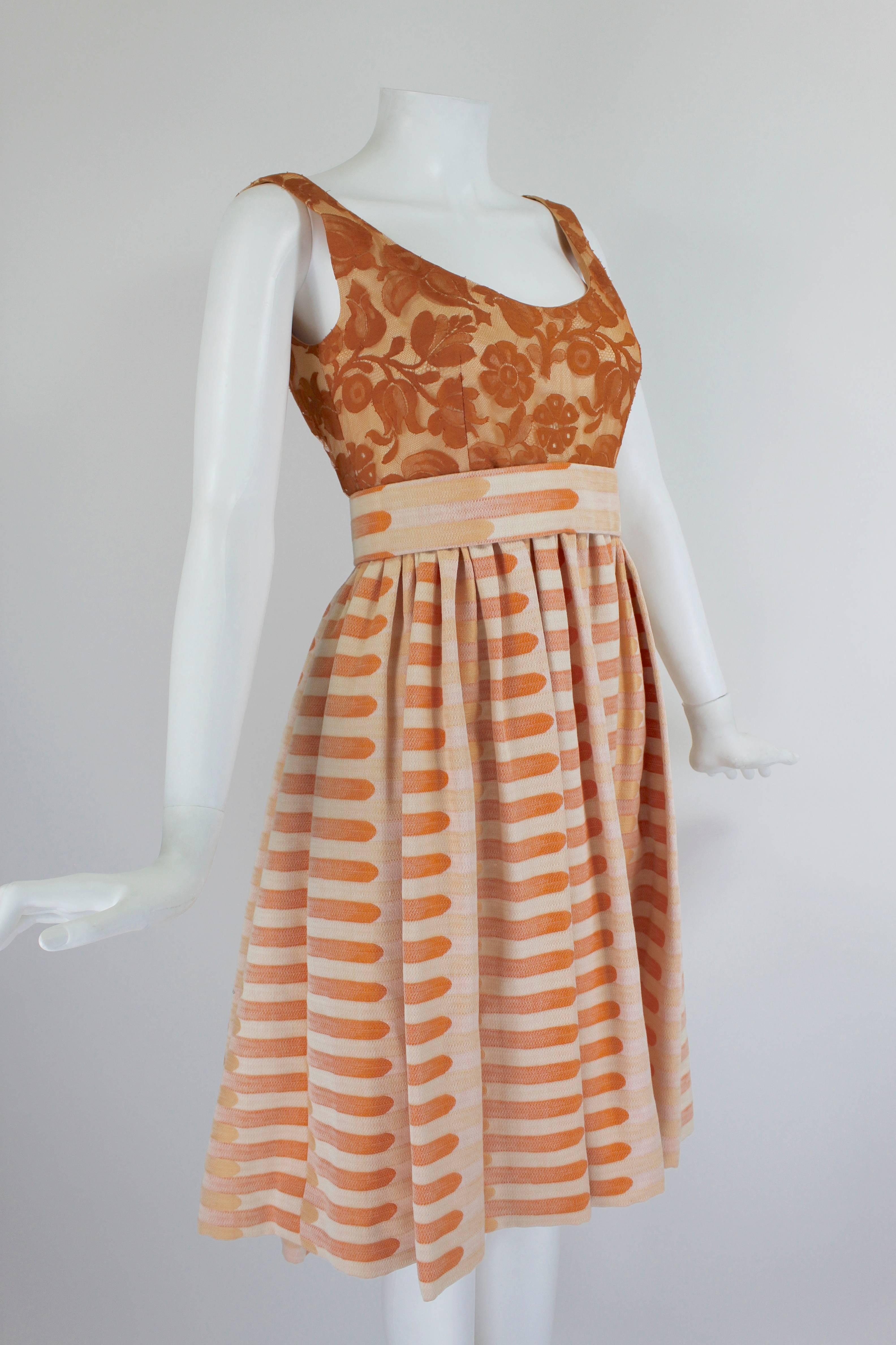 Ronald Amey Sherbet Lace and Graphic Gradient Striped Cocktail Dress In Excellent Condition In Los Angeles, CA