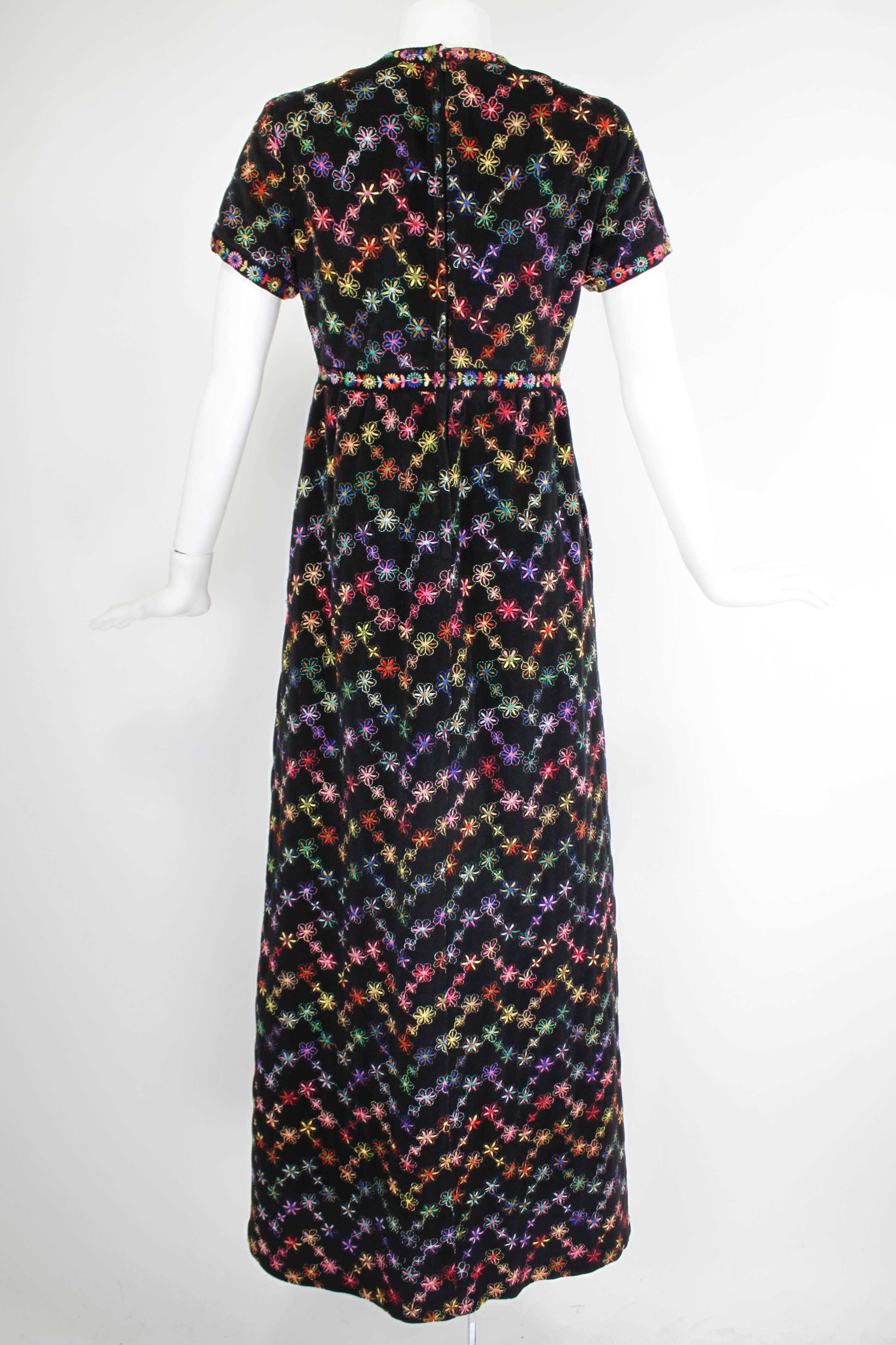 Women's 1970s Sant' Angelo Attribution Black Rainbow Embroidered Floral Maxi Dress
