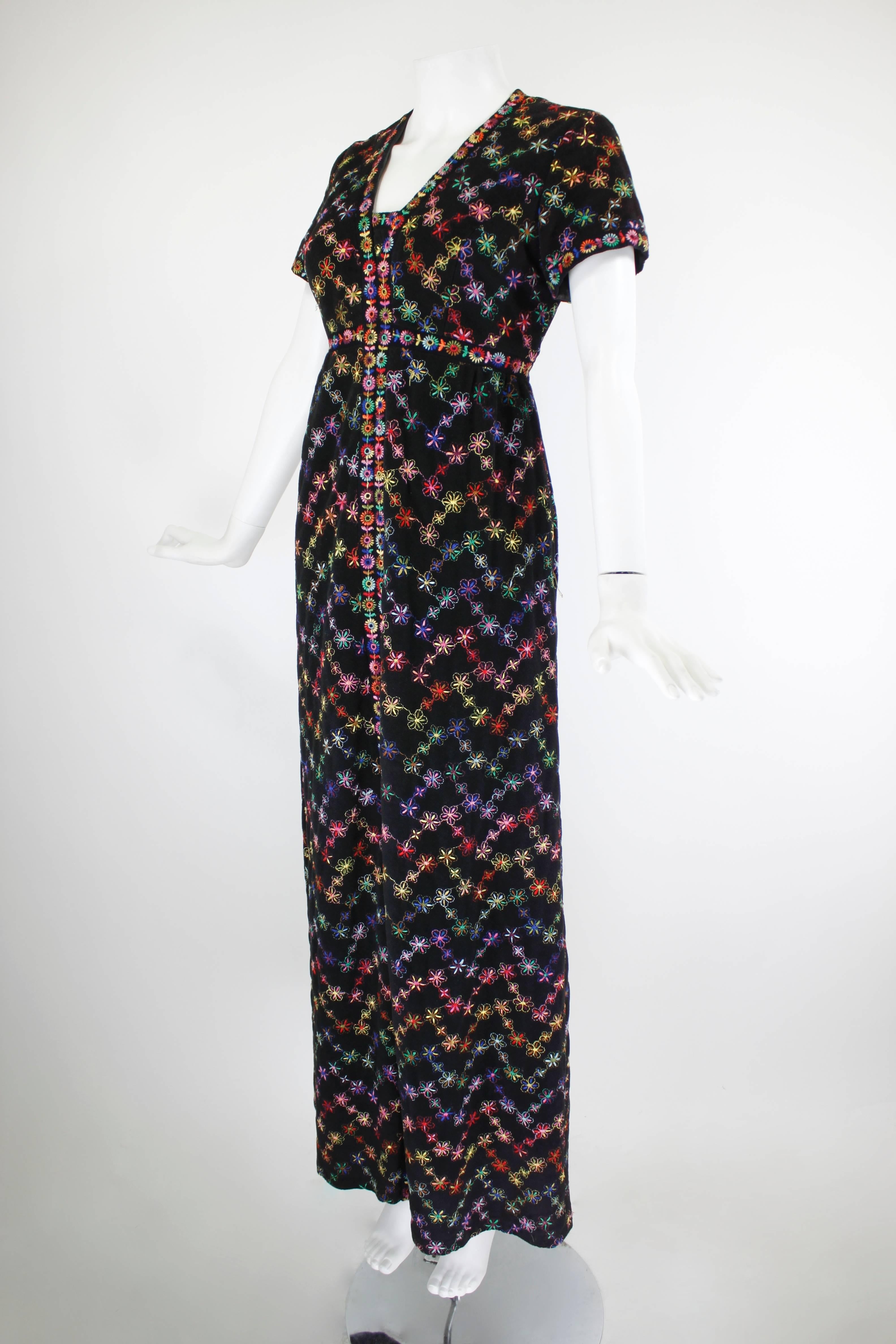 1970s Sant' Angelo Attribution Black Rainbow Embroidered Floral Maxi Dress In Excellent Condition In Los Angeles, CA