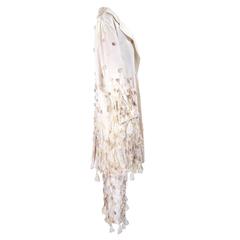 1980s Laura Biagiotti Cream Satin Ensemble with Beaded Fringe and Tassel Detail