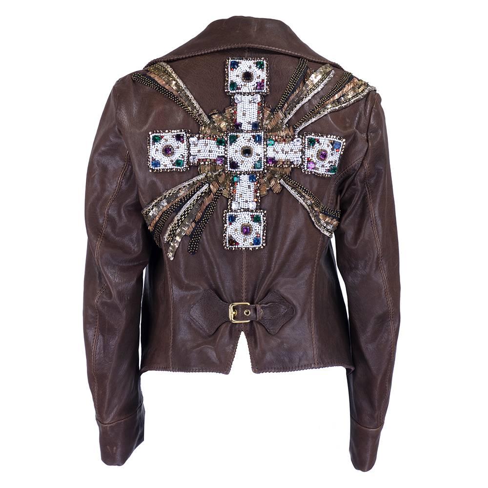 Late 1990s Roberto Cavalli Brown Leather Moto Jacket with Beaded Embellishment For Sale