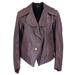 Late 1990s Roberto Cavalli Brown Leather Moto Jacket with Beaded Embellishment