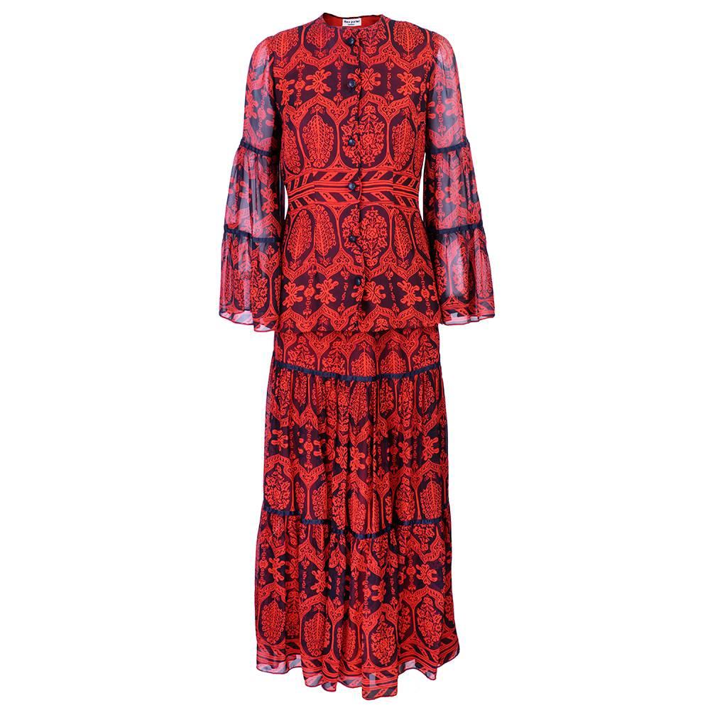 1970s Thea Porter Red and Black Woodblock Motif Ensemble