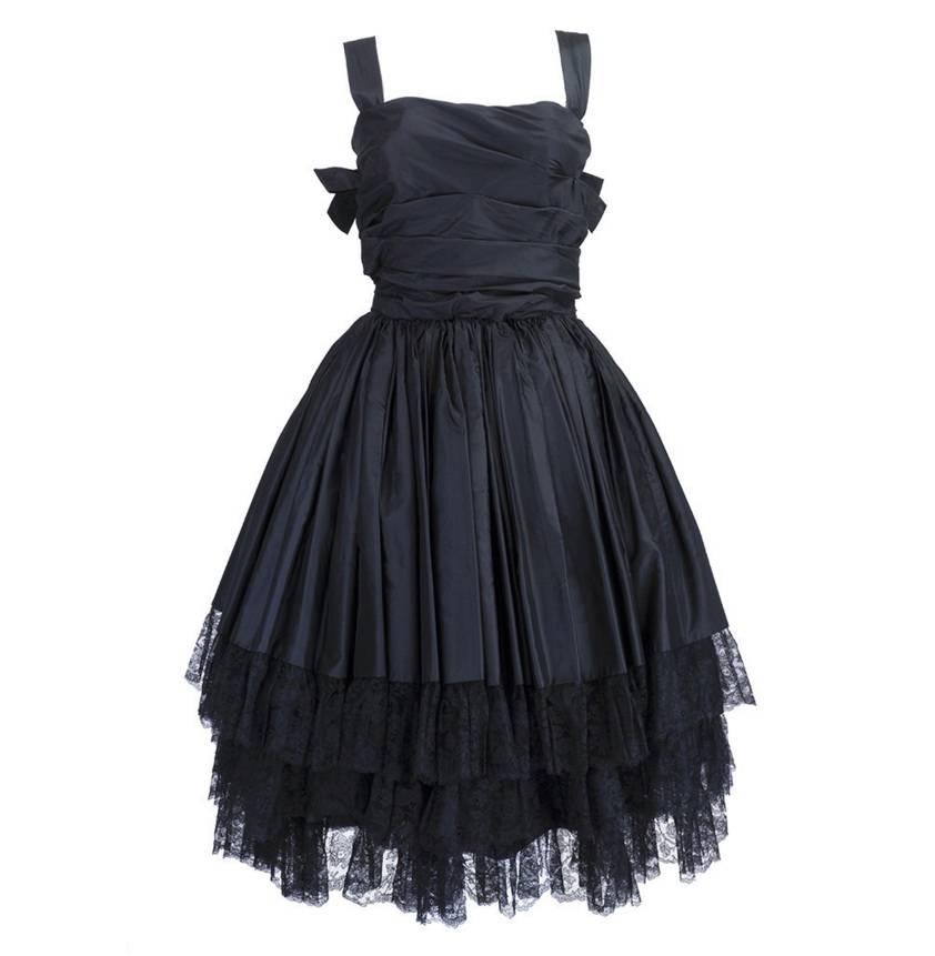 1950s Black Taffeta and Lace Tiered Party Dress with Bows For Sale