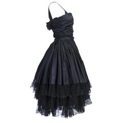 1950s Black Taffeta and Lace Tiered Party Dress with Bows