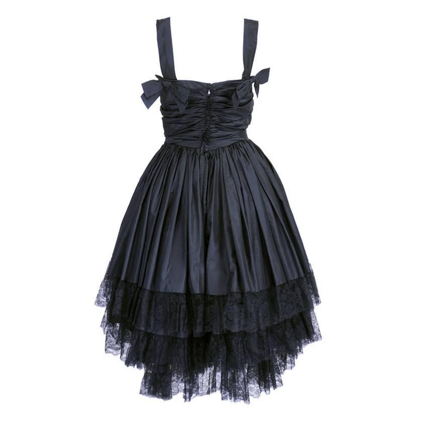 1950s Black Taffeta and Lace Tiered Party Dress with Bows In Excellent Condition For Sale In Los Angeles, CA